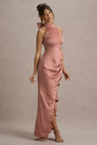 Maureen Pink Satin High Neck Draped Maxi Dress