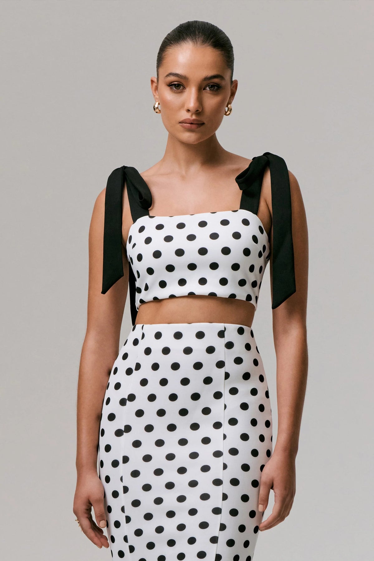 Phoebe Black White Polka Dot Crop Top With Tie Straps Tie