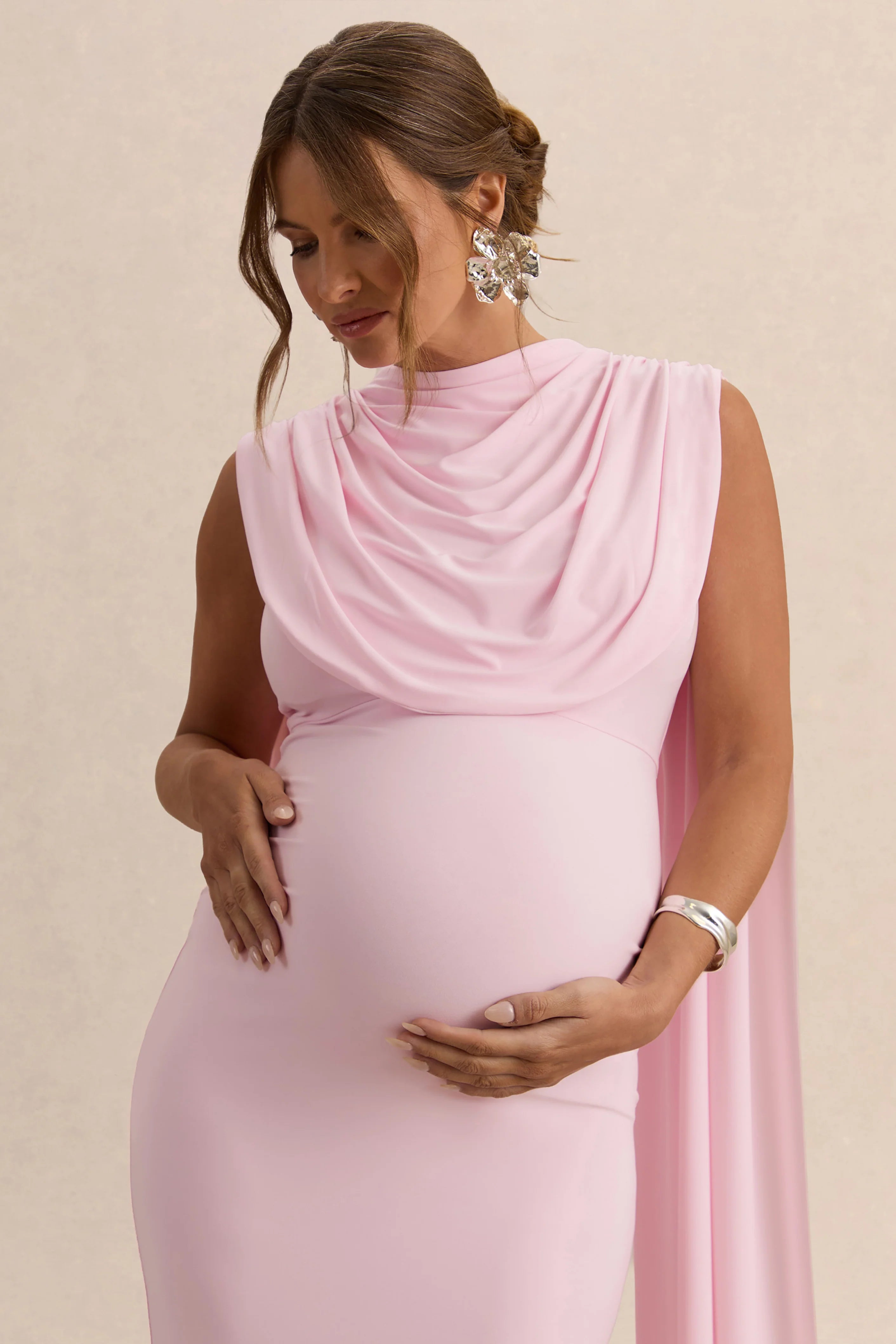Milaine Light Pink Round Neck Maternity Midi Dress With Cape Sleeves