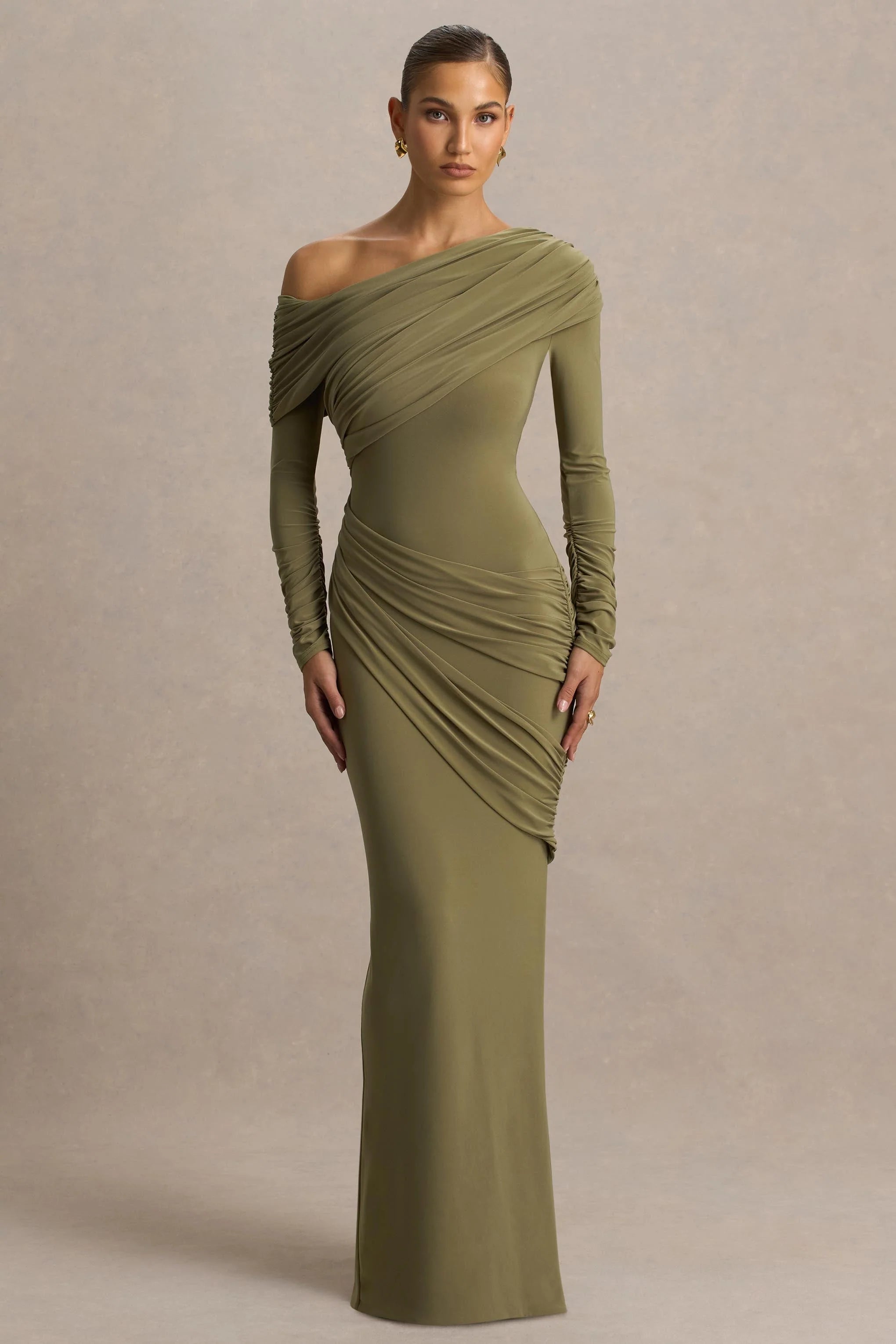 Perrie Olive Asymmetric Neck Maxi Dress With Ruched Detailing
