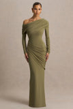 Perrie Olive Asymmetric Neck Maxi Dress With Ruched Detailing