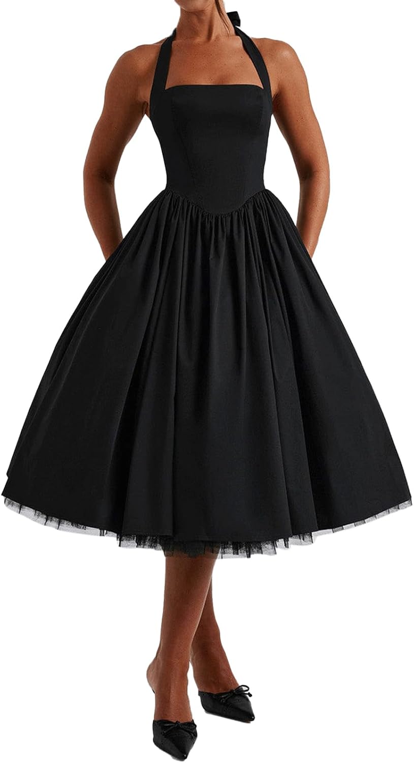 Women Halter Midi Dress Corset Back Layered Tulle Skirt A Line Formal Dresses Wedding Guest Bridal Shower