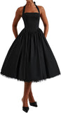 Women Halter Midi Dress Corset Back Layered Tulle Skirt A Line Formal Dresses Wedding Guest Bridal Shower
