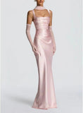 Women Wedding Guest Dress Satin Corset Top Elegant Maxi Dresses with Sheer Scarf Evening Gown
