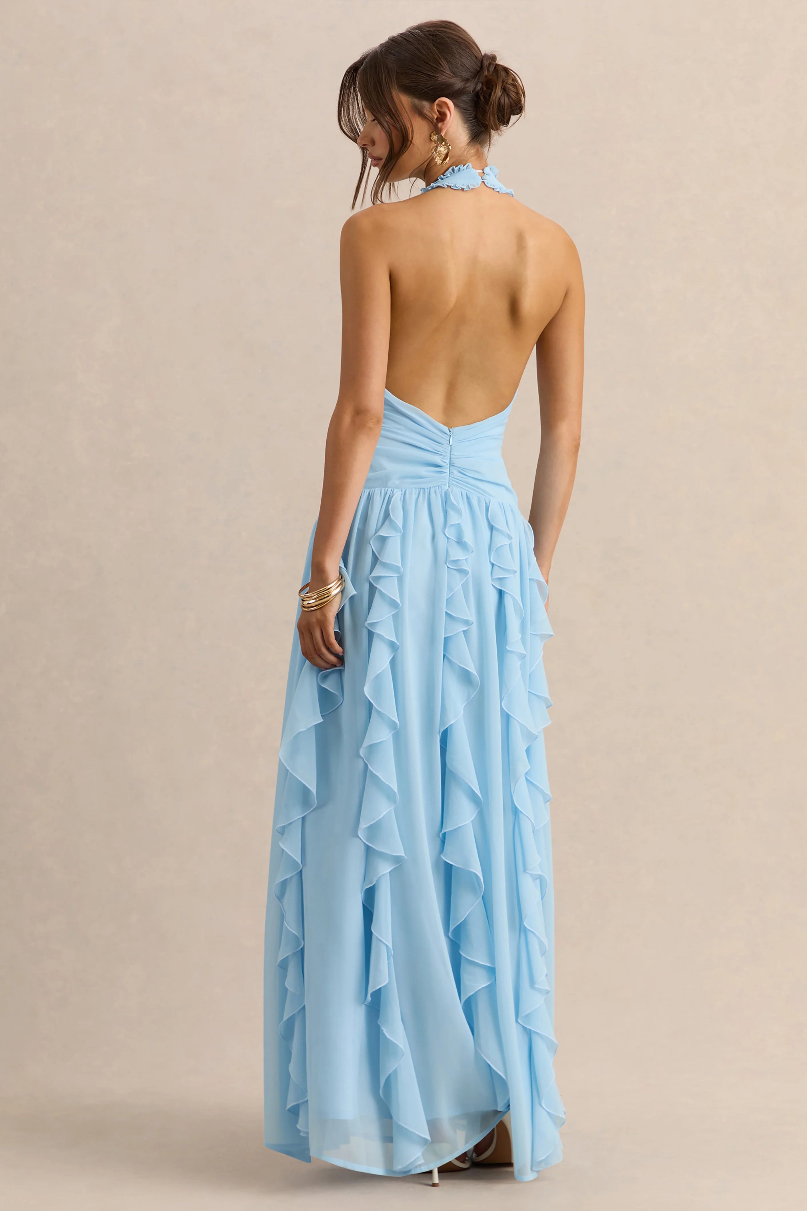 Bea Powder Blue Plunge Neck Ruffled Maxi Dress