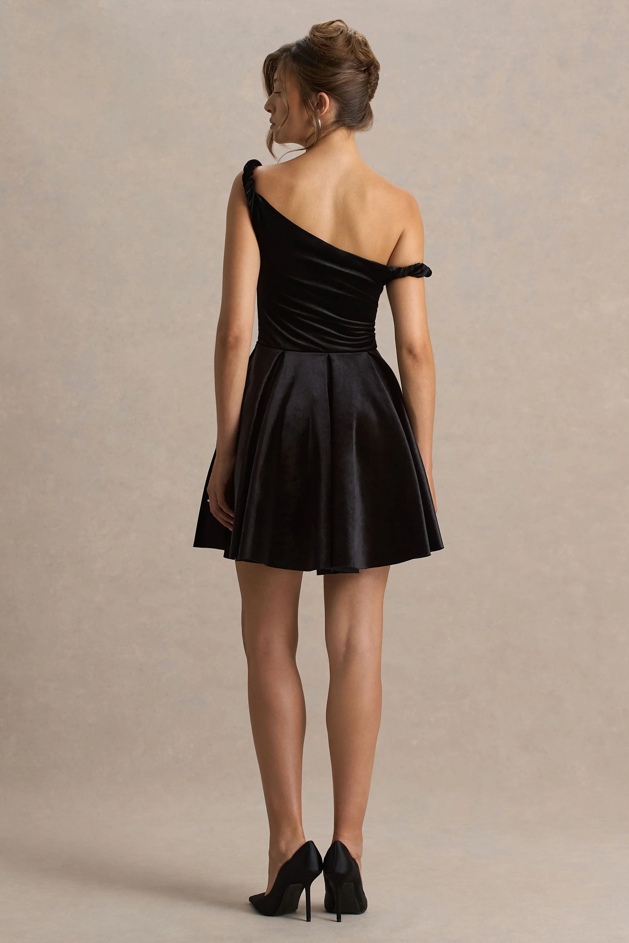 Leticia Black Asymmetric Neck Velvet Mini Dress With Twist Sleeve