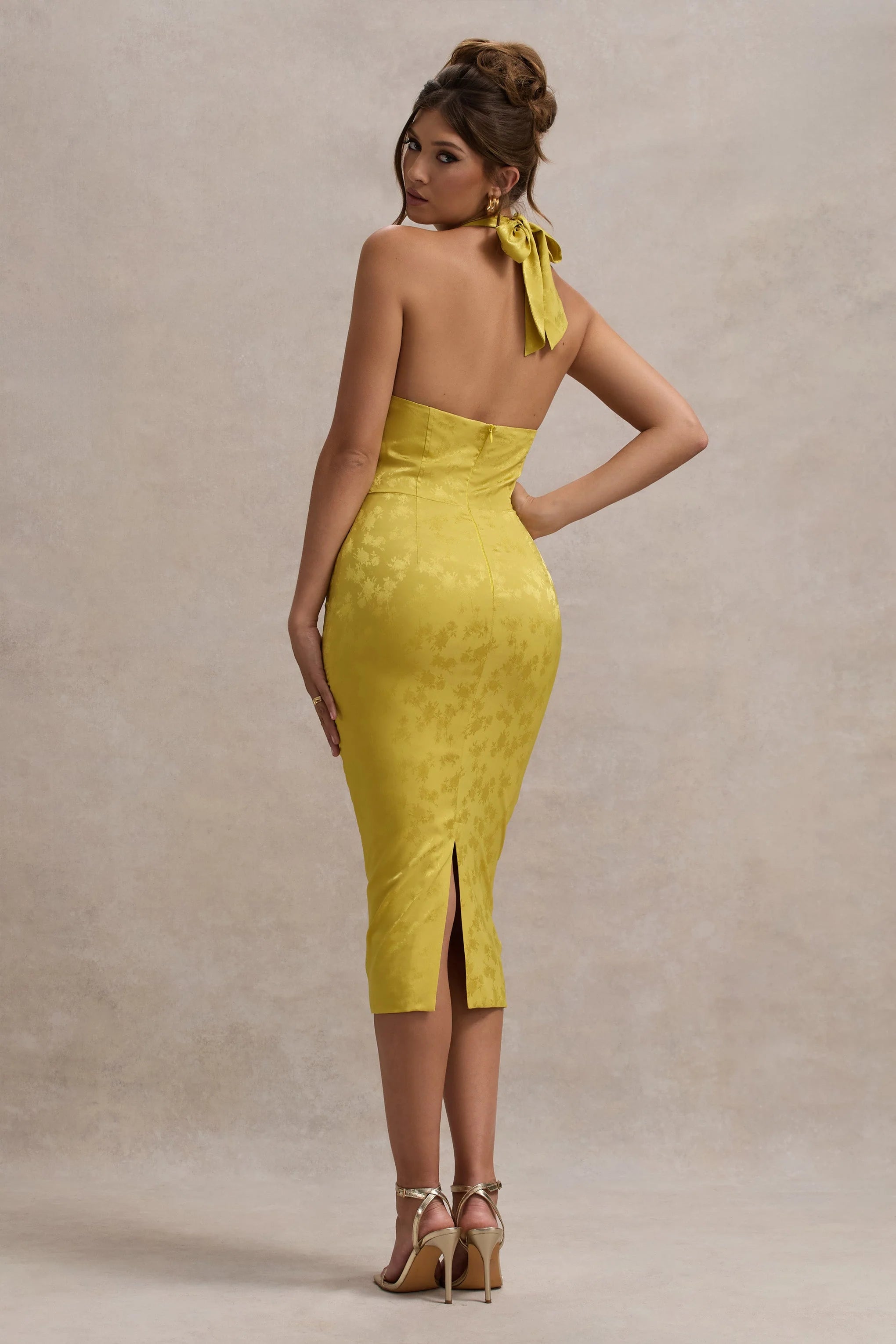 Maciza Mustard Satin Jacquard Cowl Neck Midi Dress