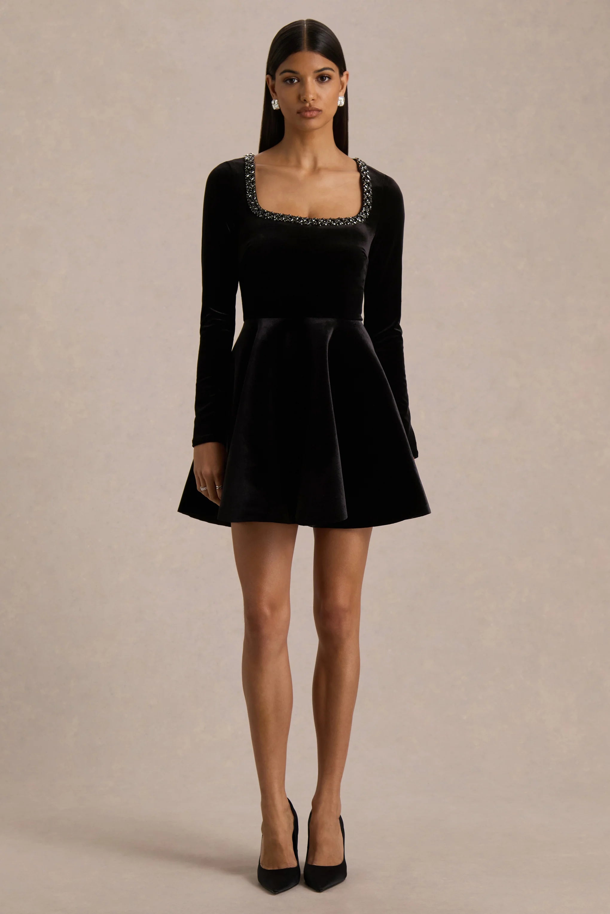 Beloved Black Velvet Embellished Square Neck Mini Dress