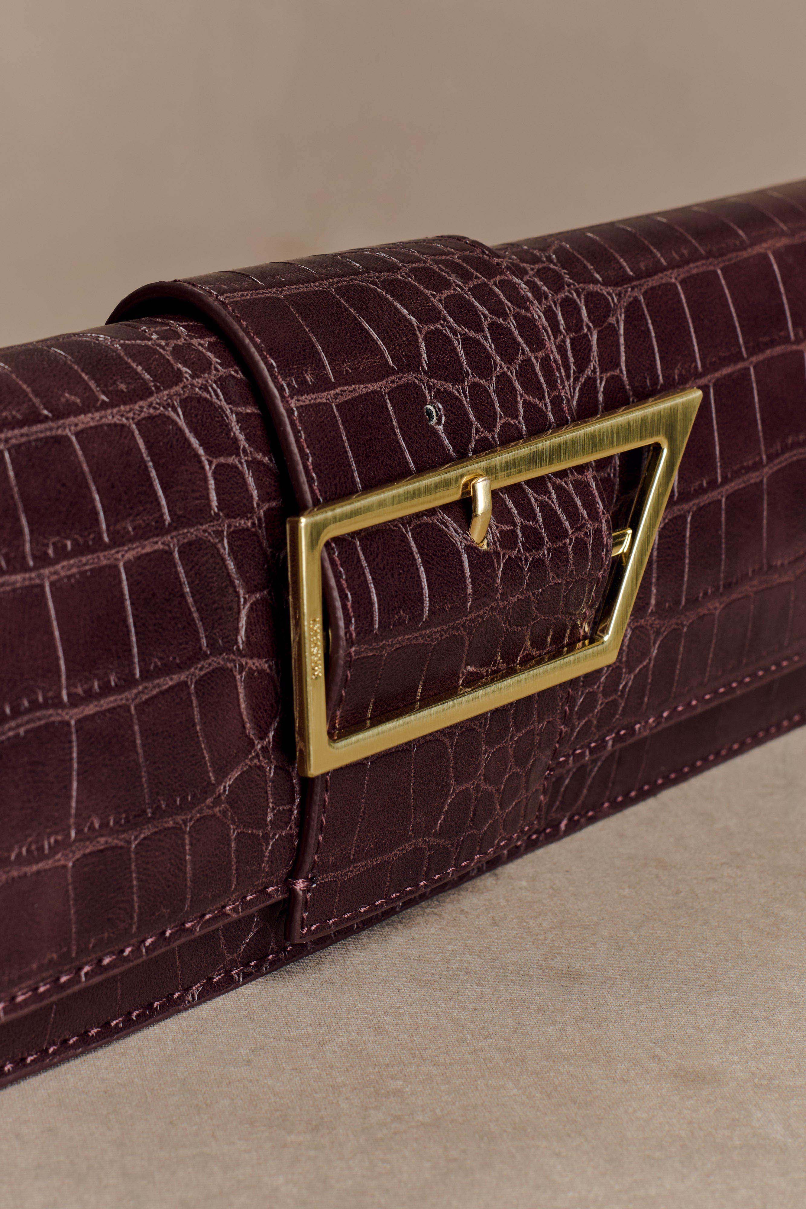 Jessica Faux Leather Crocodile Clutch Burgundy