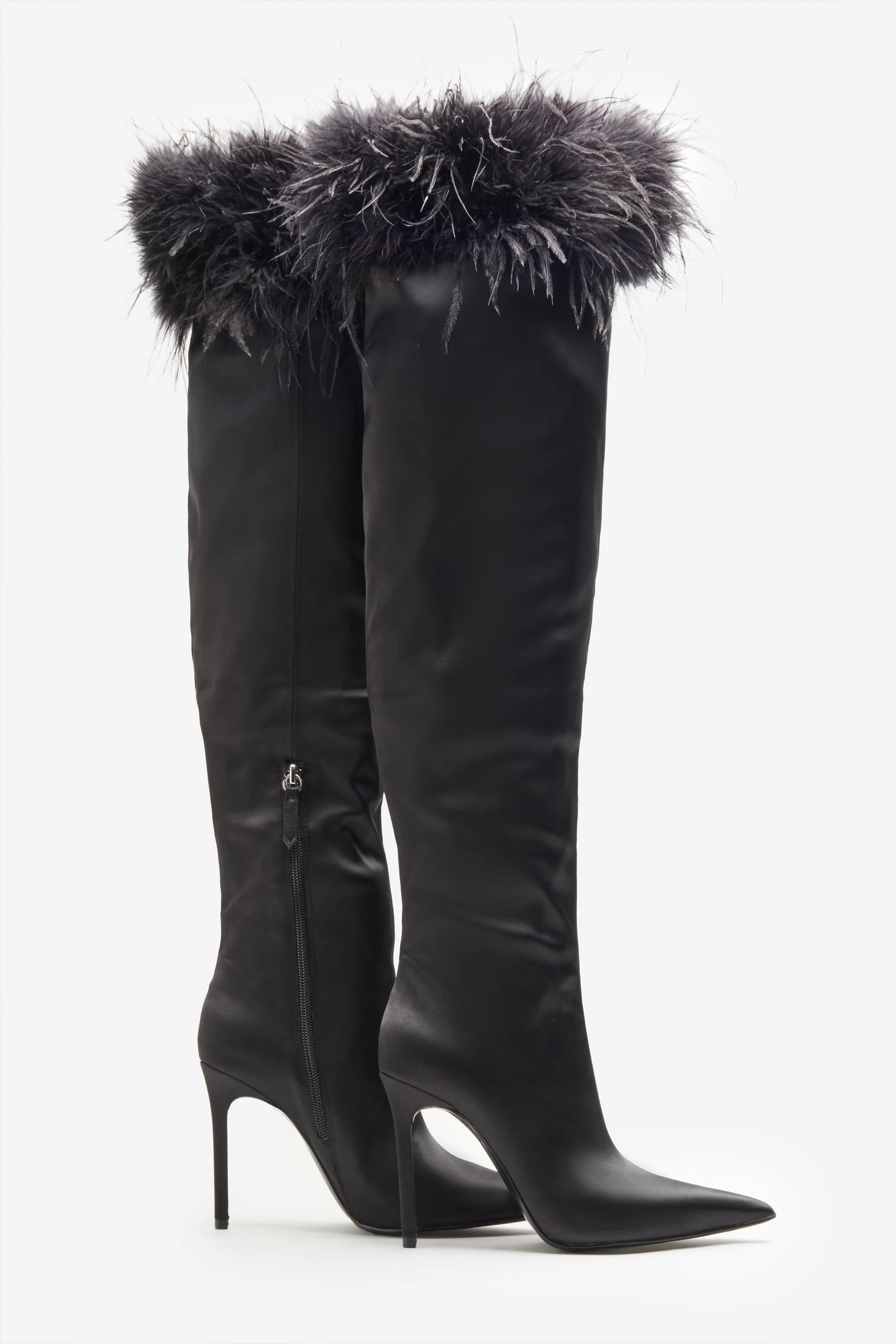 Soho Black Satin Pointed Heeled Boots With Feather Trims