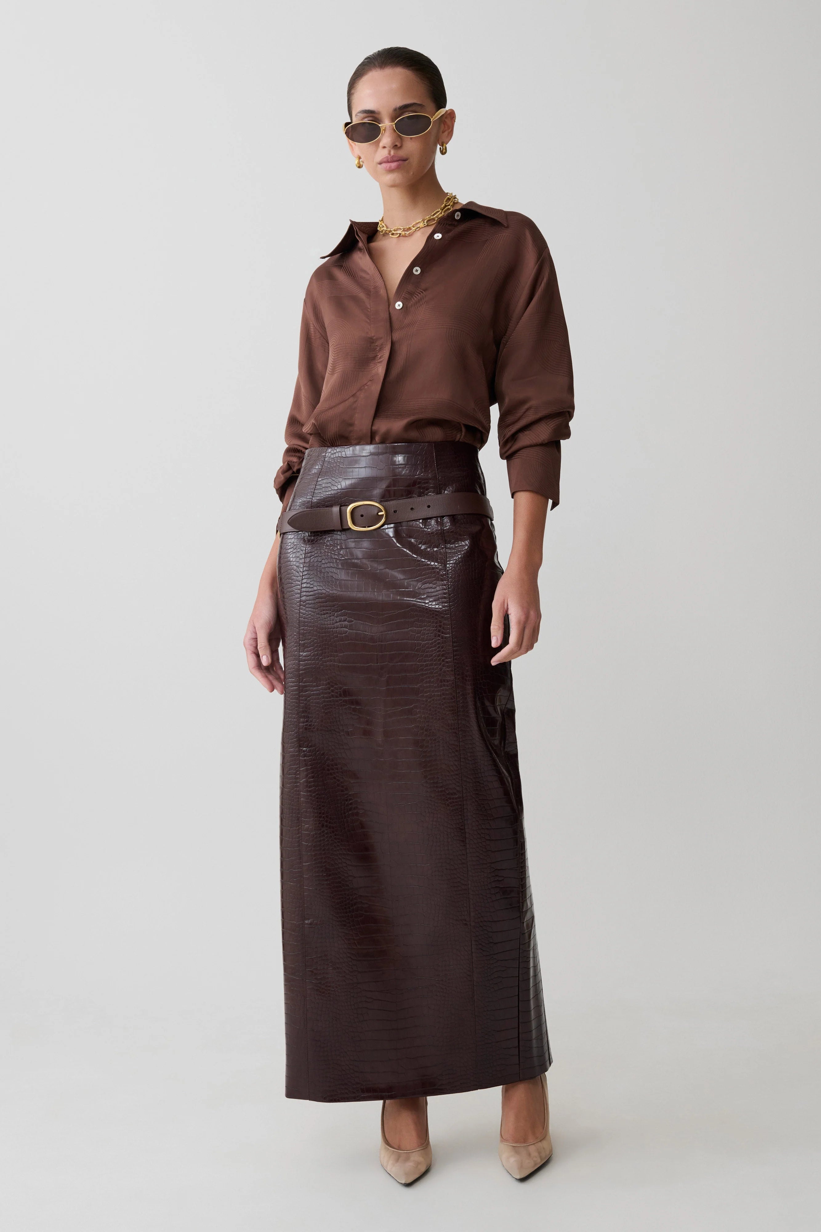 Gia Long Sleeve Satin Shirt Chocolate