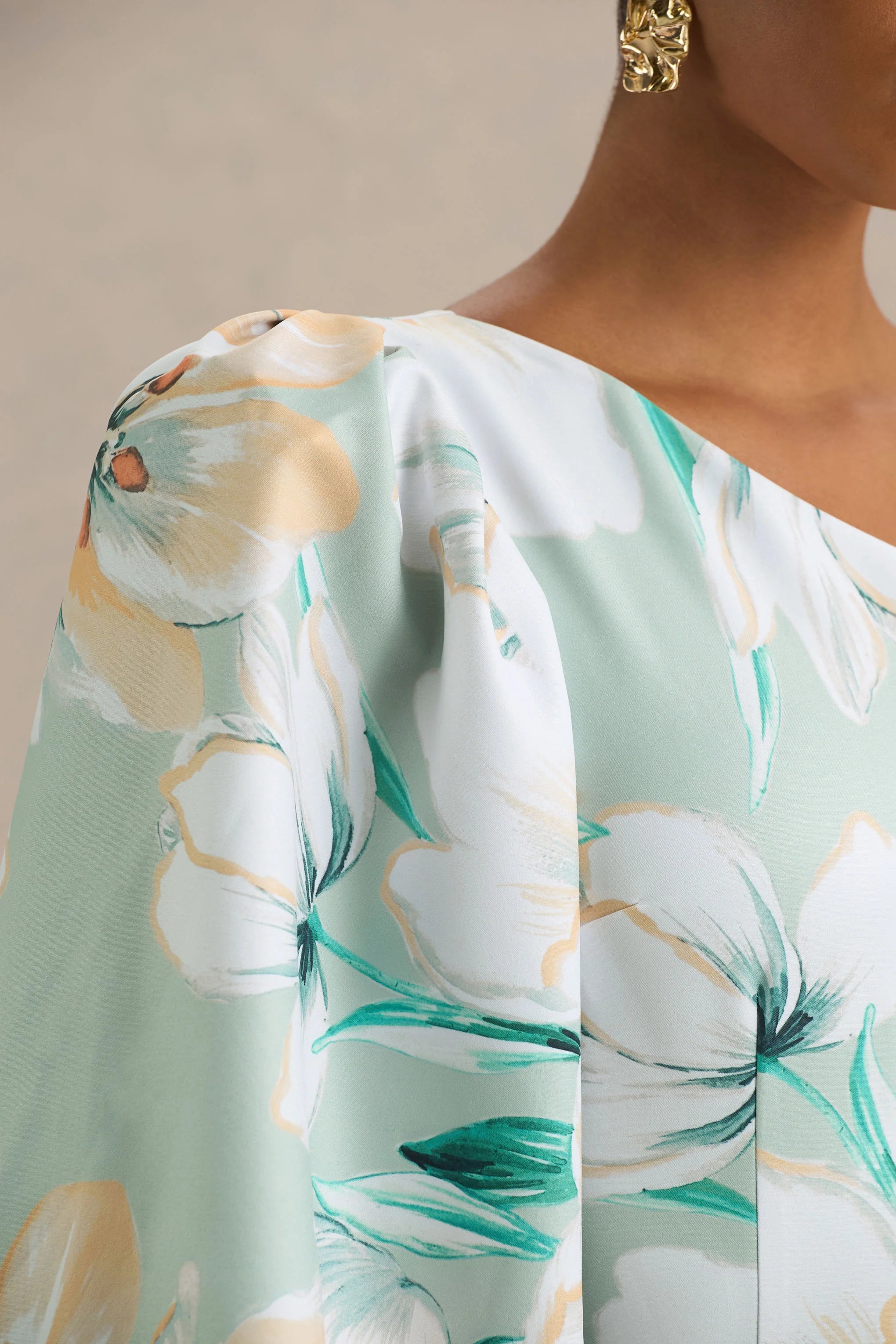 Kellis Green Floral Print Asymmetric Maxi Dress With Balloon Sleeve