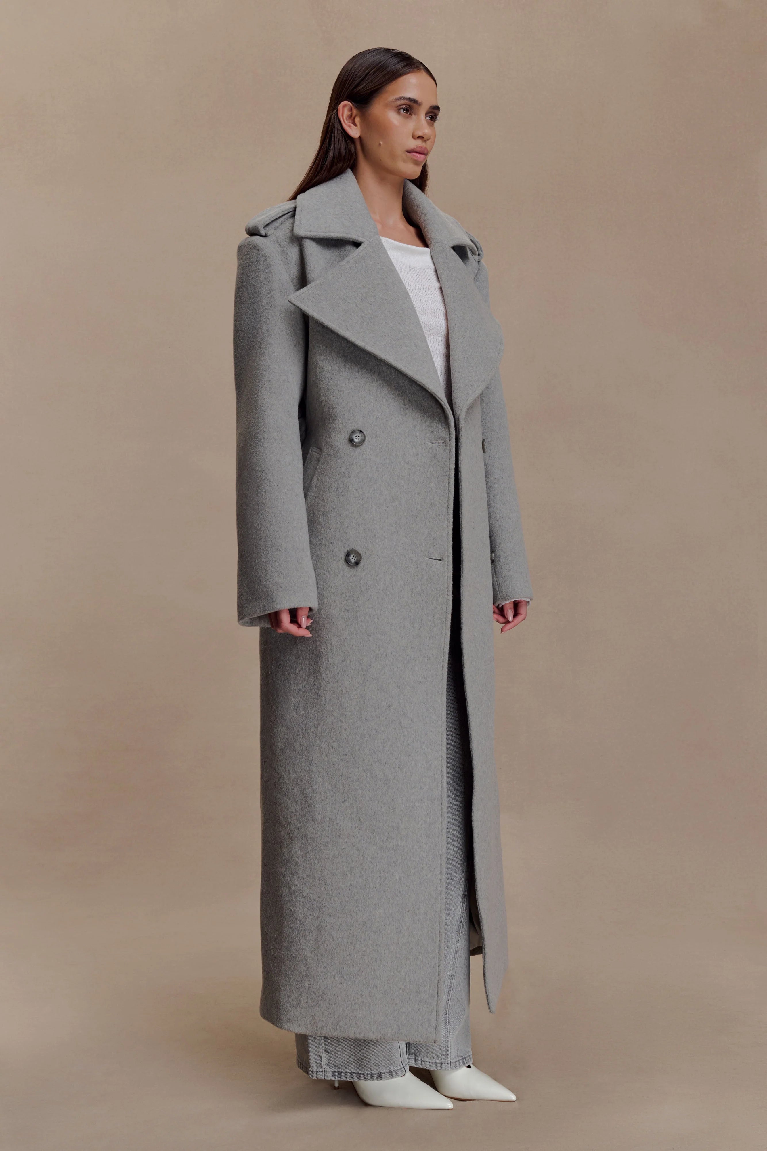 Levi Long Trench Wool Coat Grey Marle