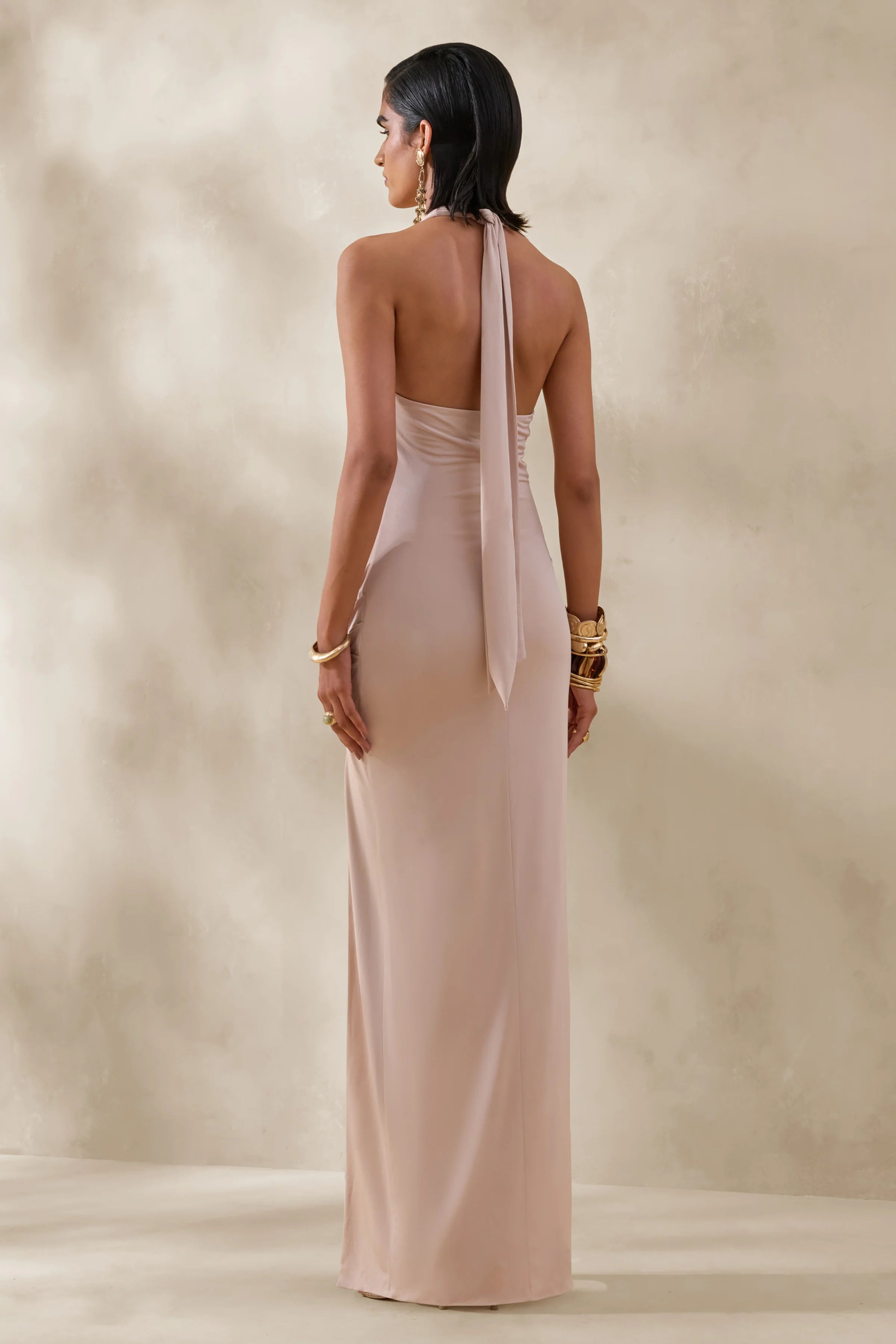 Junia Champagne Plunge Neck Wrap Maxi Dress