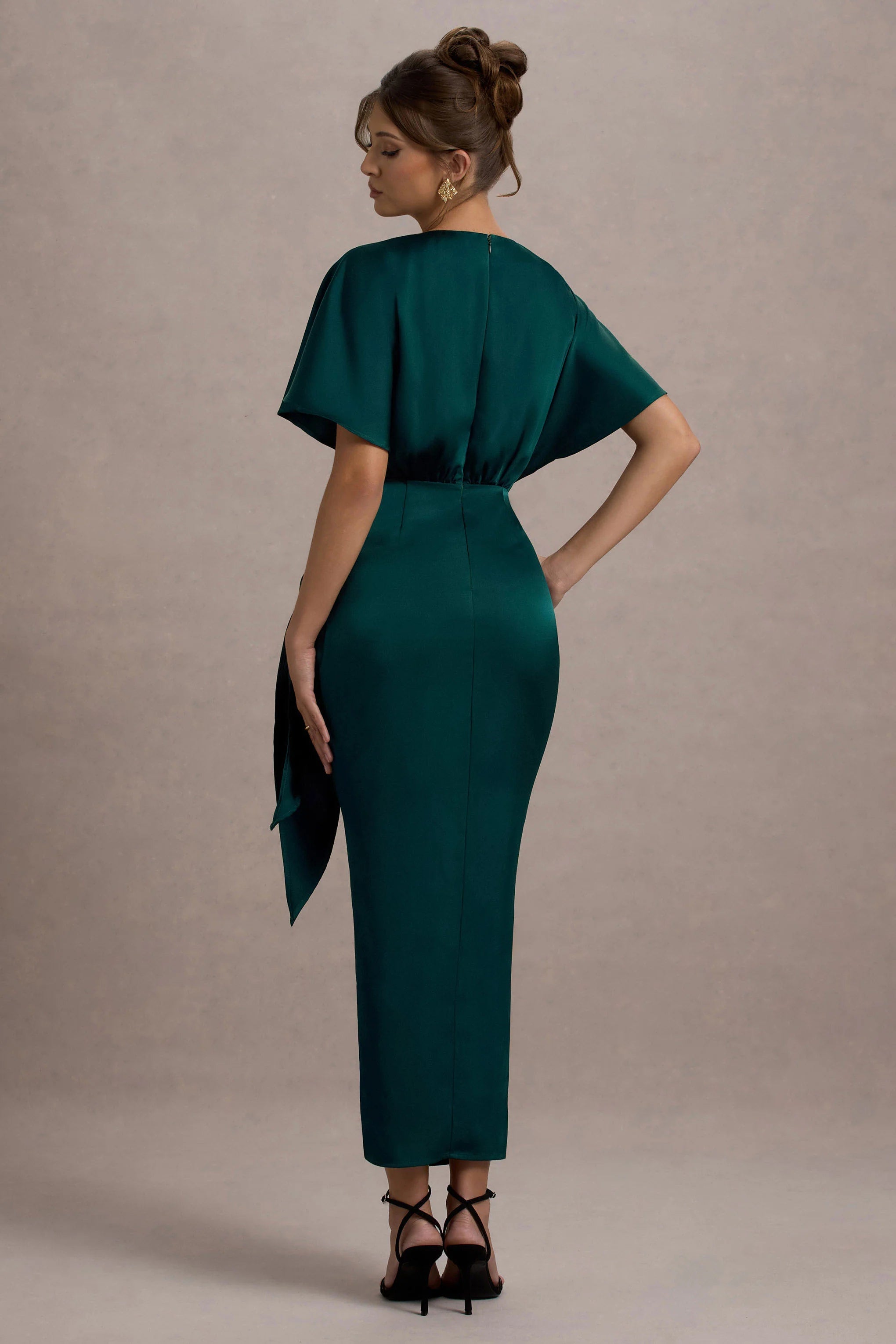 Mika Bottle Green Satin Short Sleeve Wrap Maxi Dress
