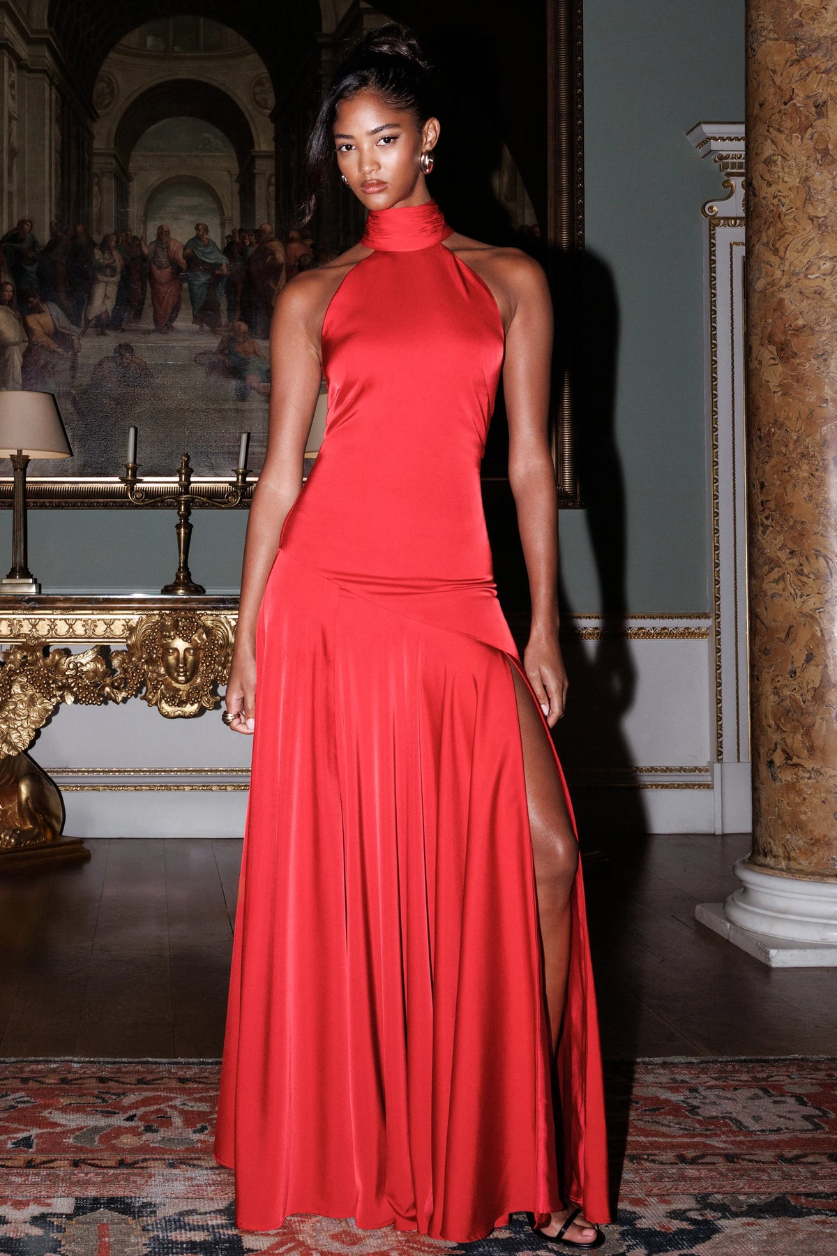 Luscious Red High Neck Maxi Dress With Drop Waist And Bow Detail
