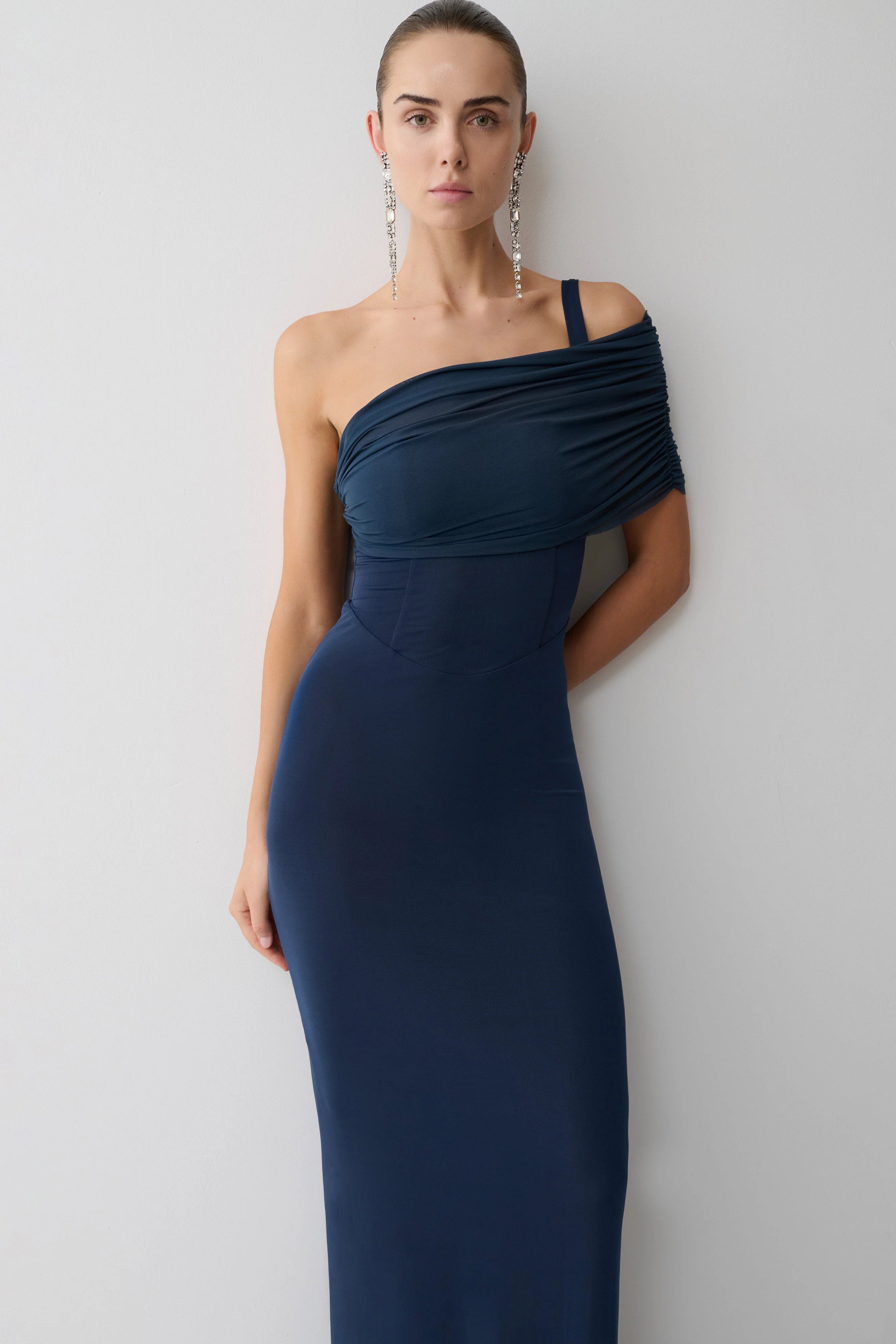 Hanh One Shoulder Mesh Maxi Dress Ink Blue