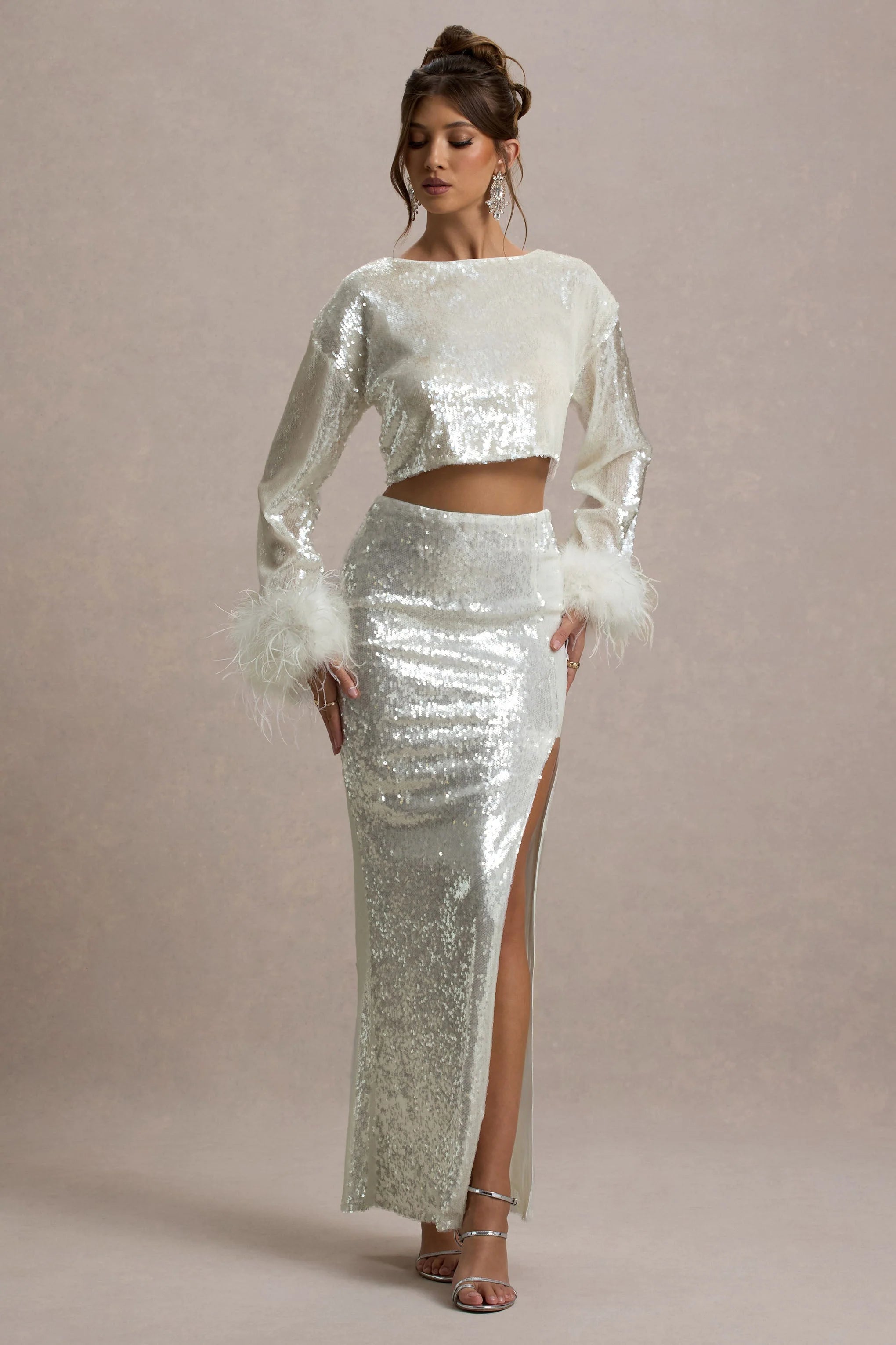 Solita Sand Sequin Long Sleeve Crop Top With Feather Trim