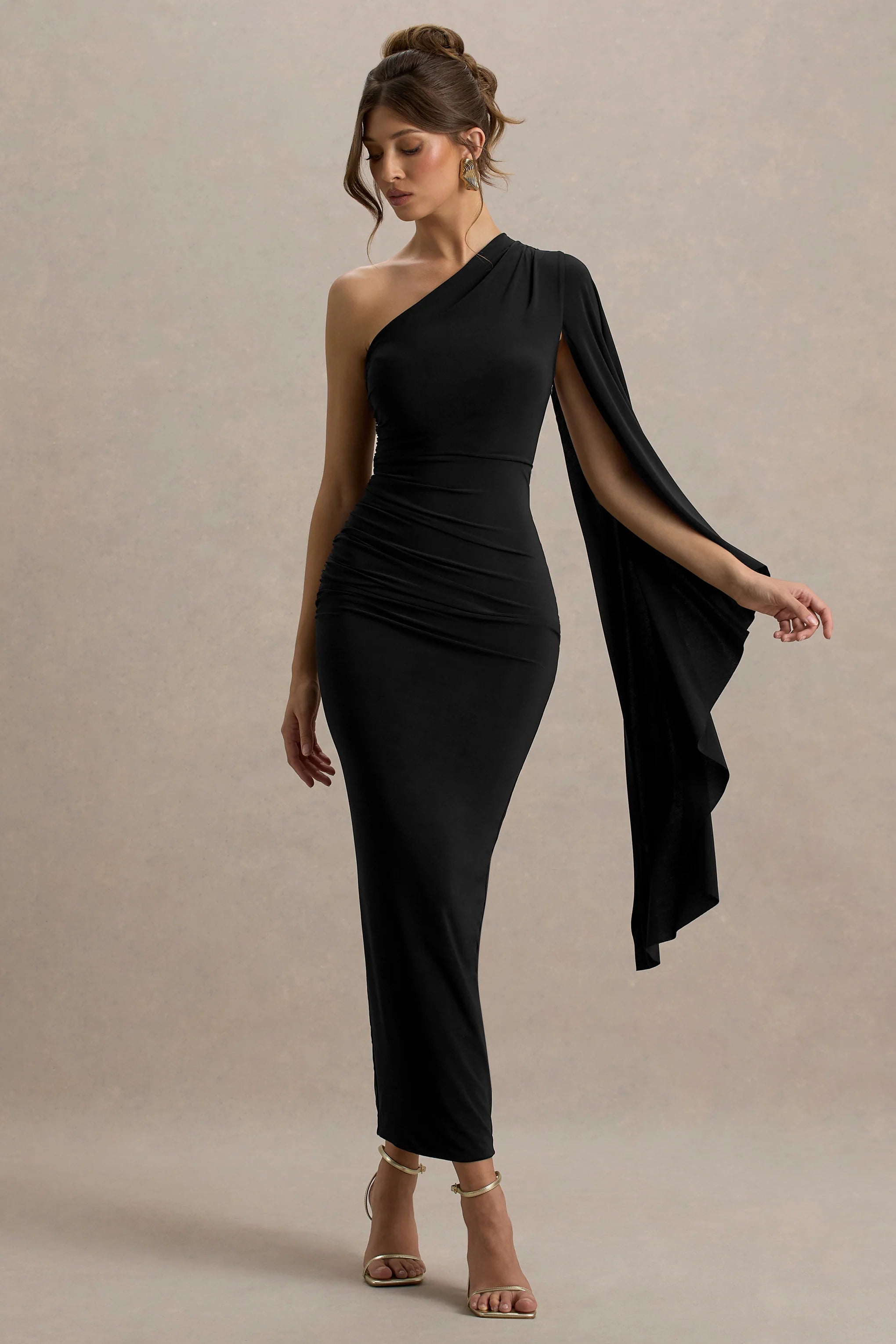 Clementina Black Asymmetric Cape Sleeve Maxi Dress
