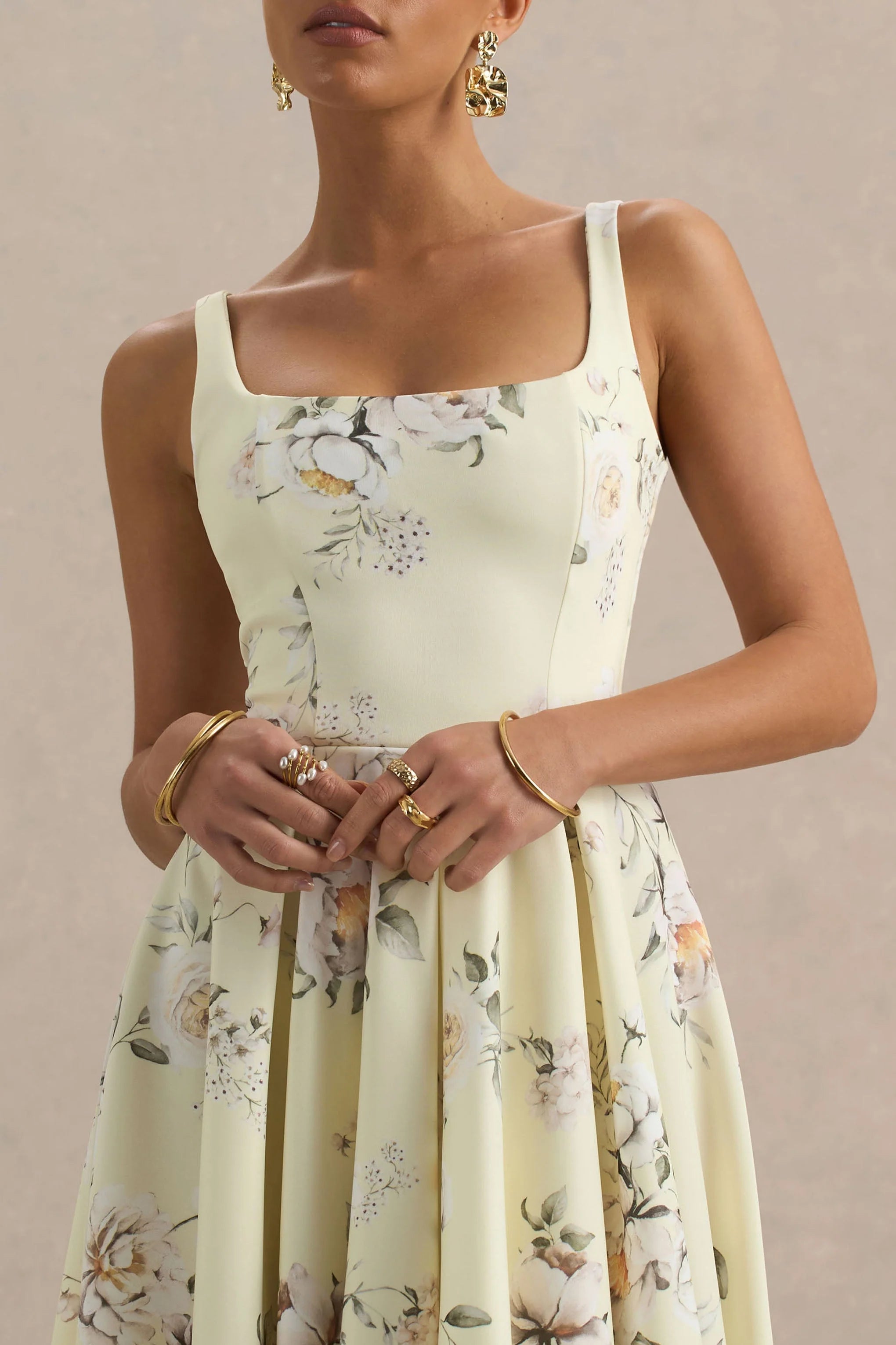 Lissa Lemon Floral Bouquet Print Square Neck Midi Dress
