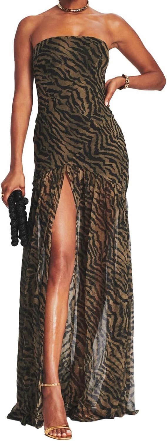 Women Tube Top Dress Tiger Stripe Mesh Patchwork Maxi Dress Strapless Sexy High Slit Long Dresses Beach Vacation