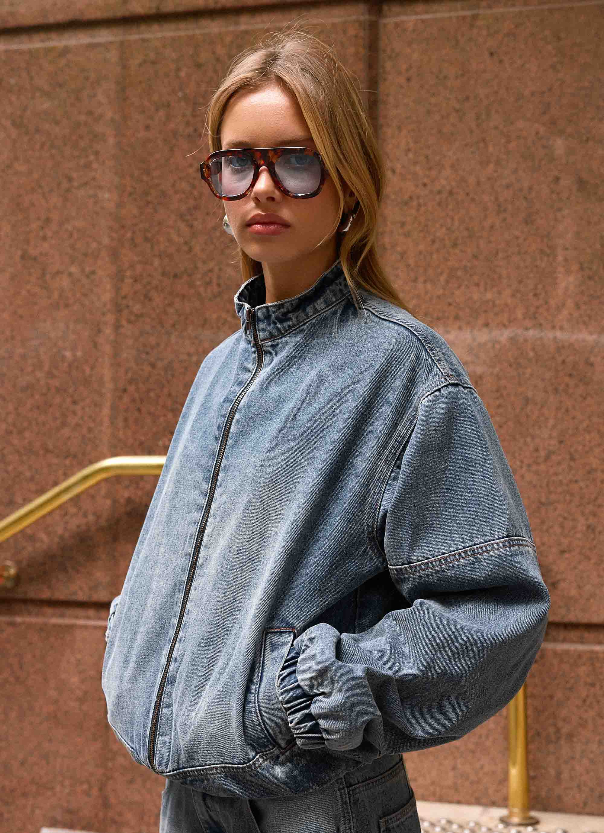 Waylon Denim Bomber Jacket Mid Wash Blue