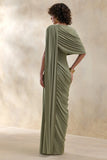 Gisara Olive High Neck Maxi Dress With Sash And Draped Detailing