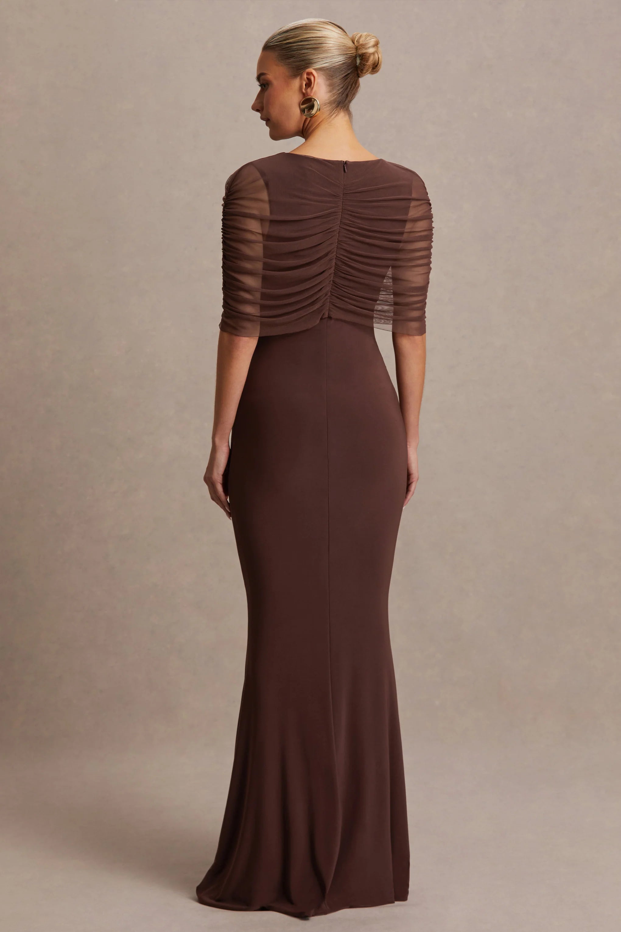 Zaria Brown Crew Neck Maternity Maxi Dress With Cape Overlay