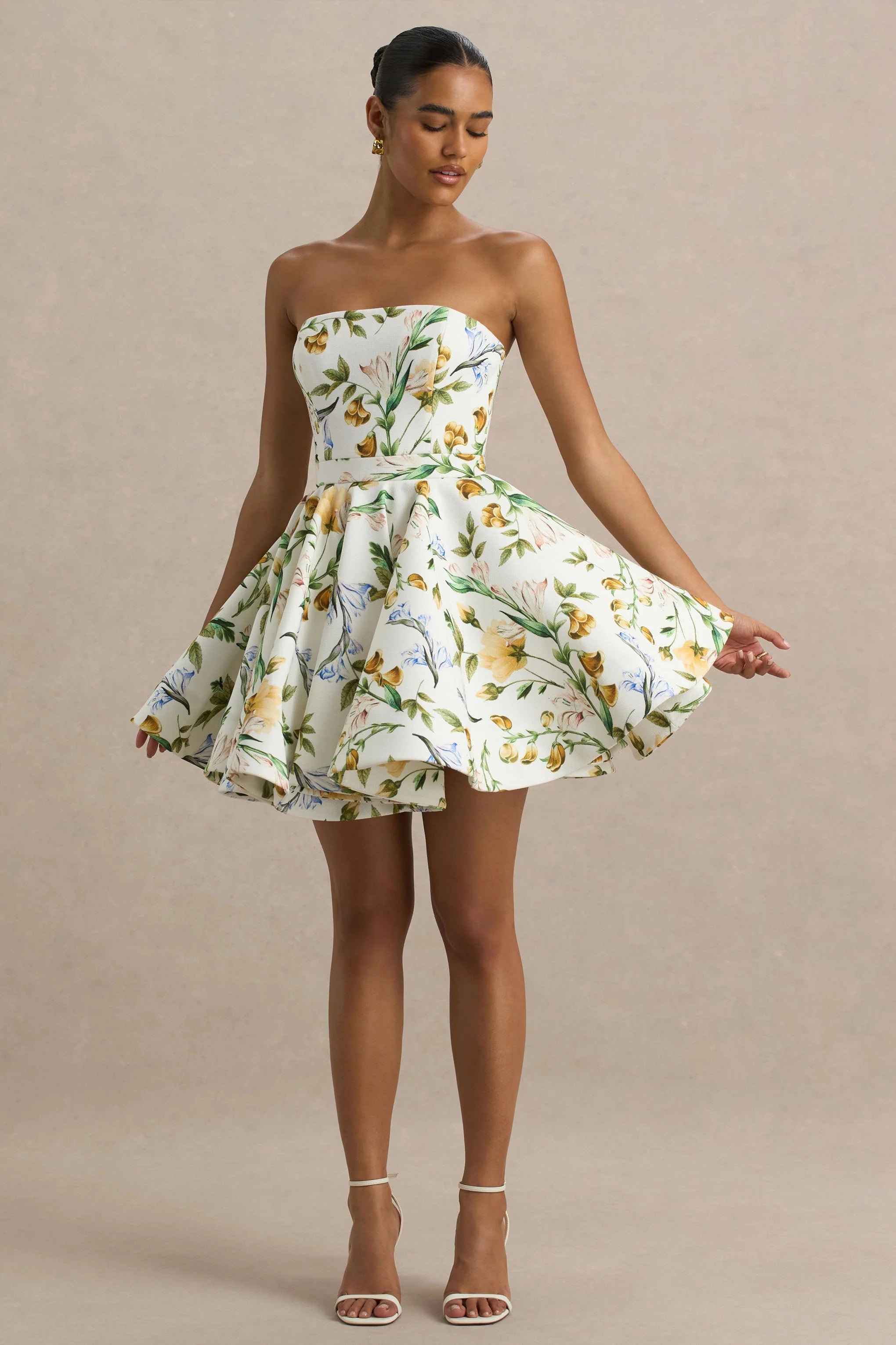 Valerian Lemon Floral Print Bandeau Mini Dress With Ruffle Hem