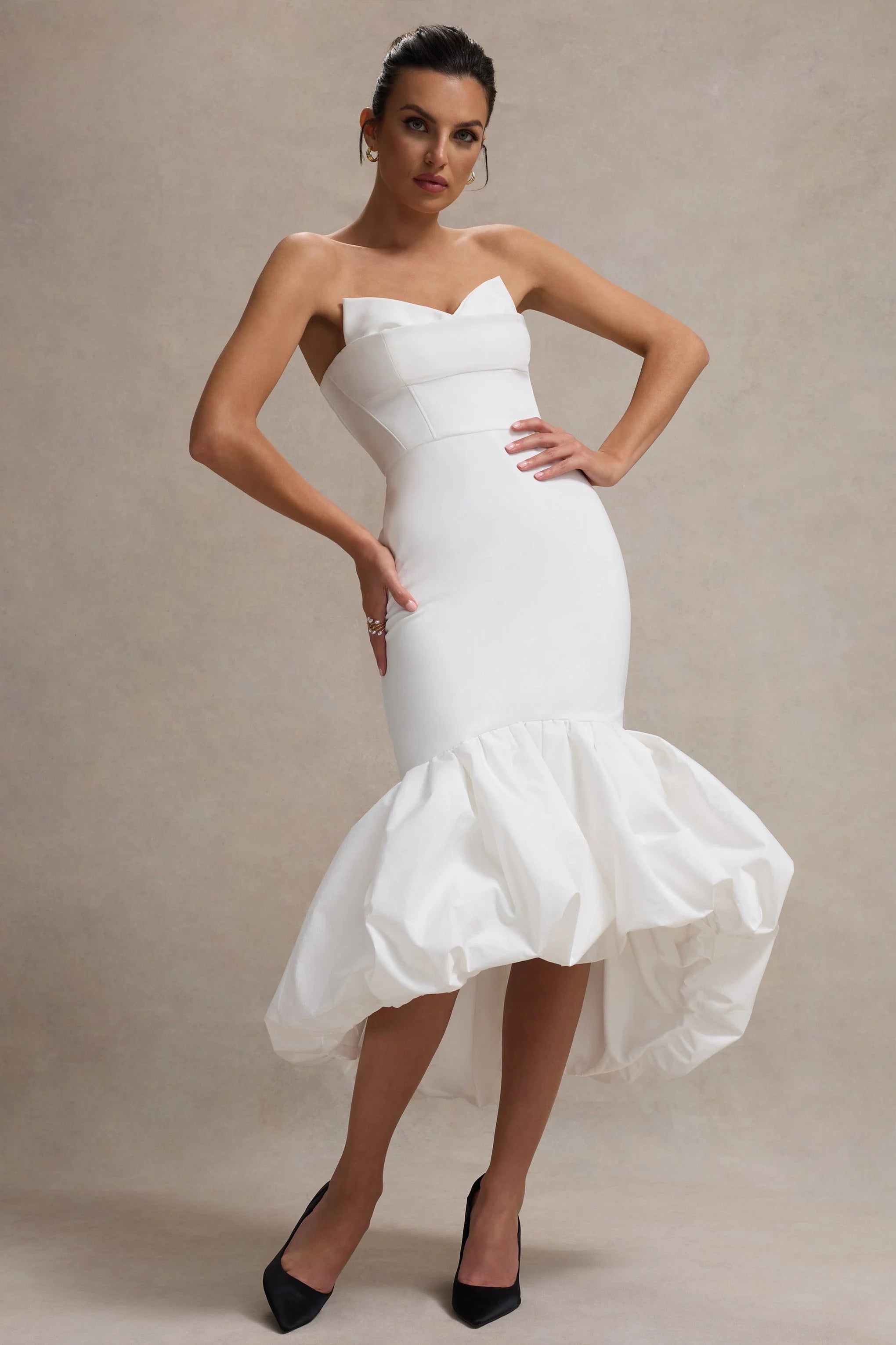 Emmelina White Corset Maxi Dress With Volume Hem