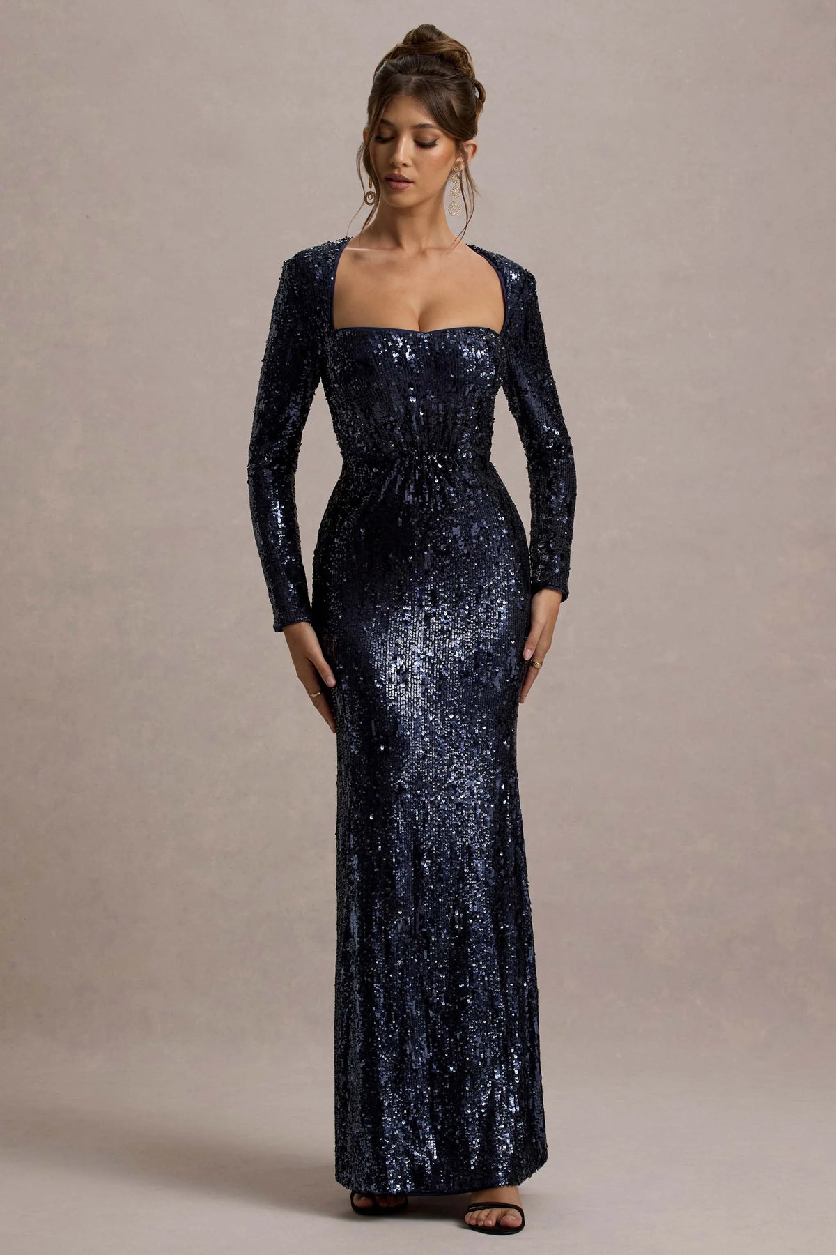 Ensley Navy Sequin Sweetheart Long Sleeve Maxi Dress