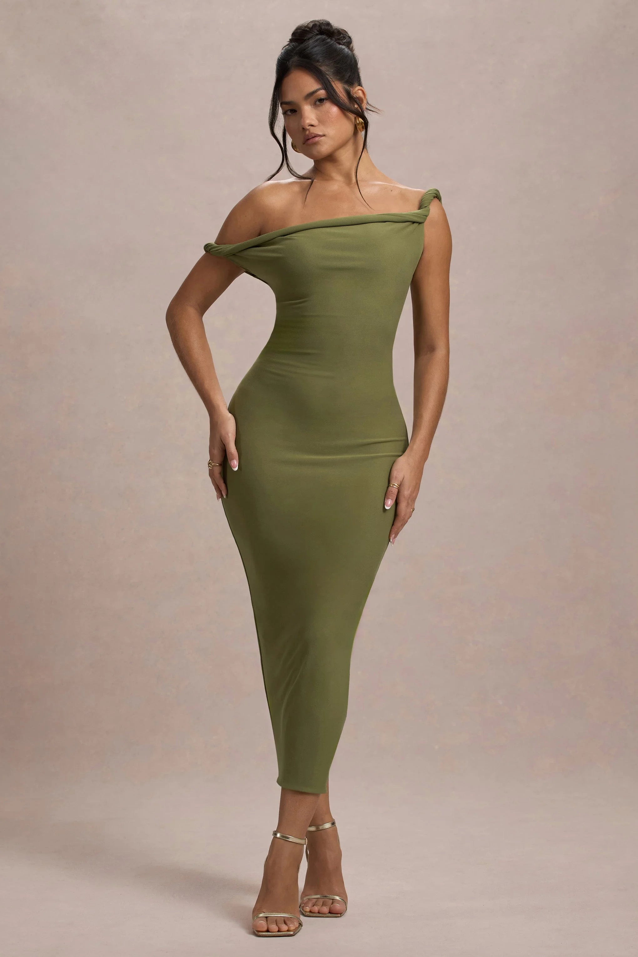 Salome Olive Twisted Asymmetric Midi Dress