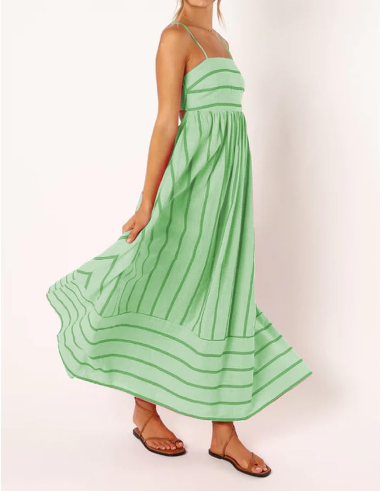 Women Striped Maxi Dress Sleeveless Backless Cutout Smocked Sundress Spaghetti Straps Boho Flowy Dresses