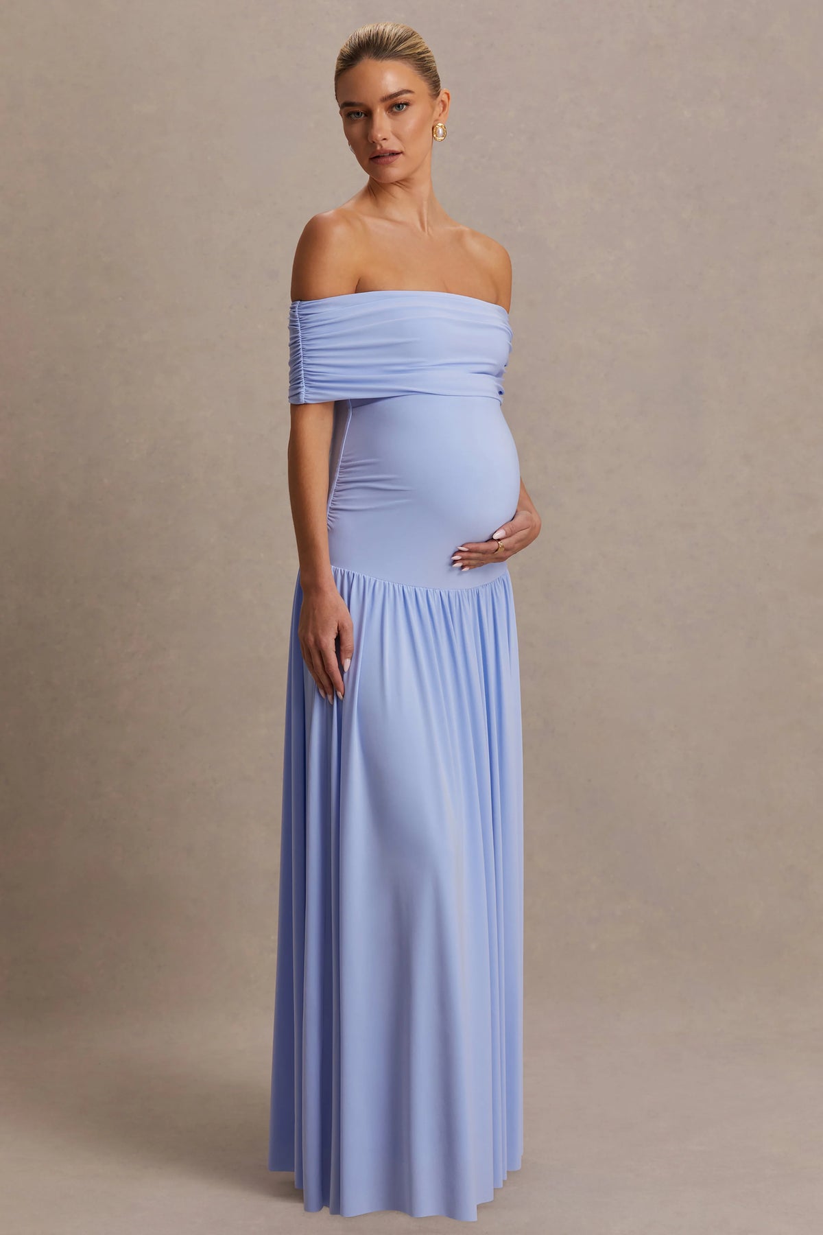 Juliette Powder Blue Bardot Neck Maternity Maxi Dress With Drop Waist