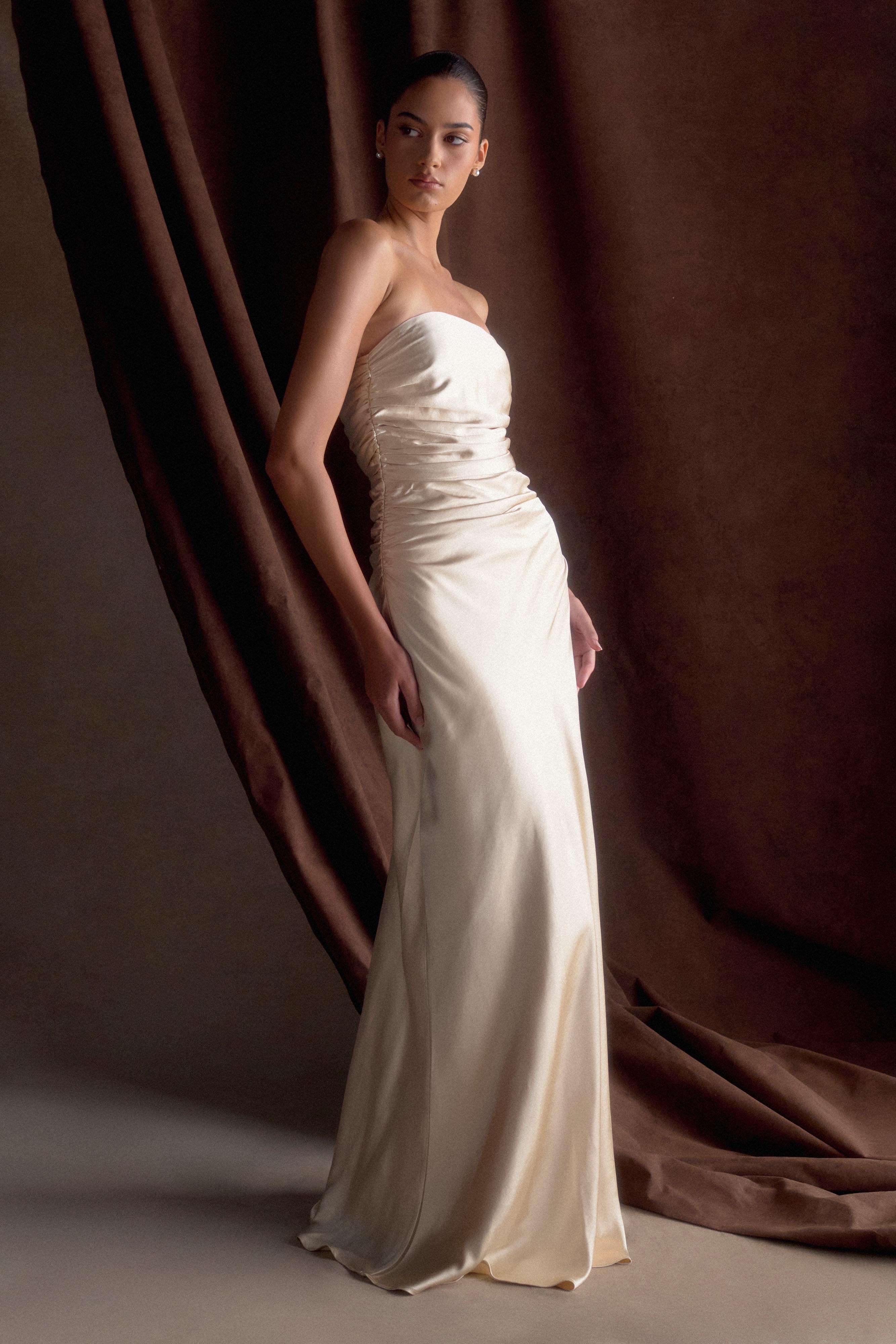 Cedar Strapless Satin Maxi Dress Blush Gold