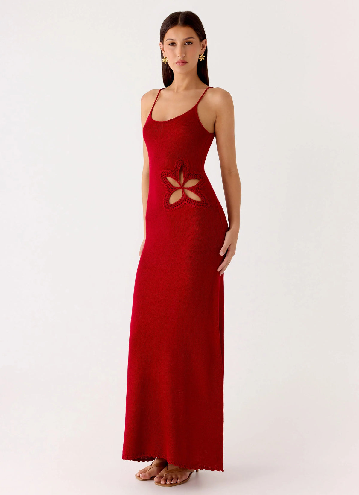 Palm Breeze Flower Crochet Maxi Dress Burnt Red