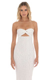 Strapless Textured Floral Twist Maxi Dress in White