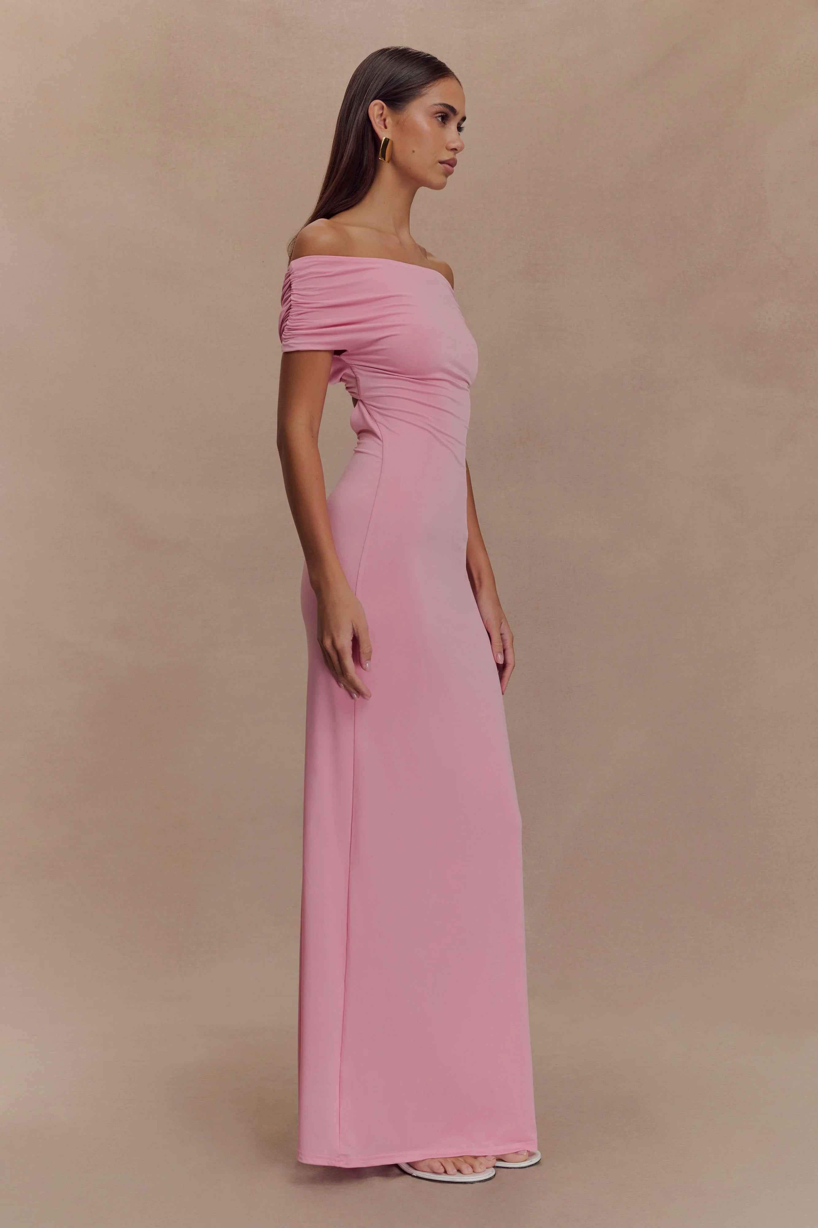 Imogen Off Shoulder Slinky Maxi Dress Candy Pink