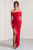 Eva Red Bardot Bow Detail Maxi Dress With Thigh Split