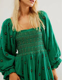 Women Floral Embroidered Maxi Dress Long Puff Sleeve Square Neck Bohemian Flowy Dress with Pockets Summer Fall
