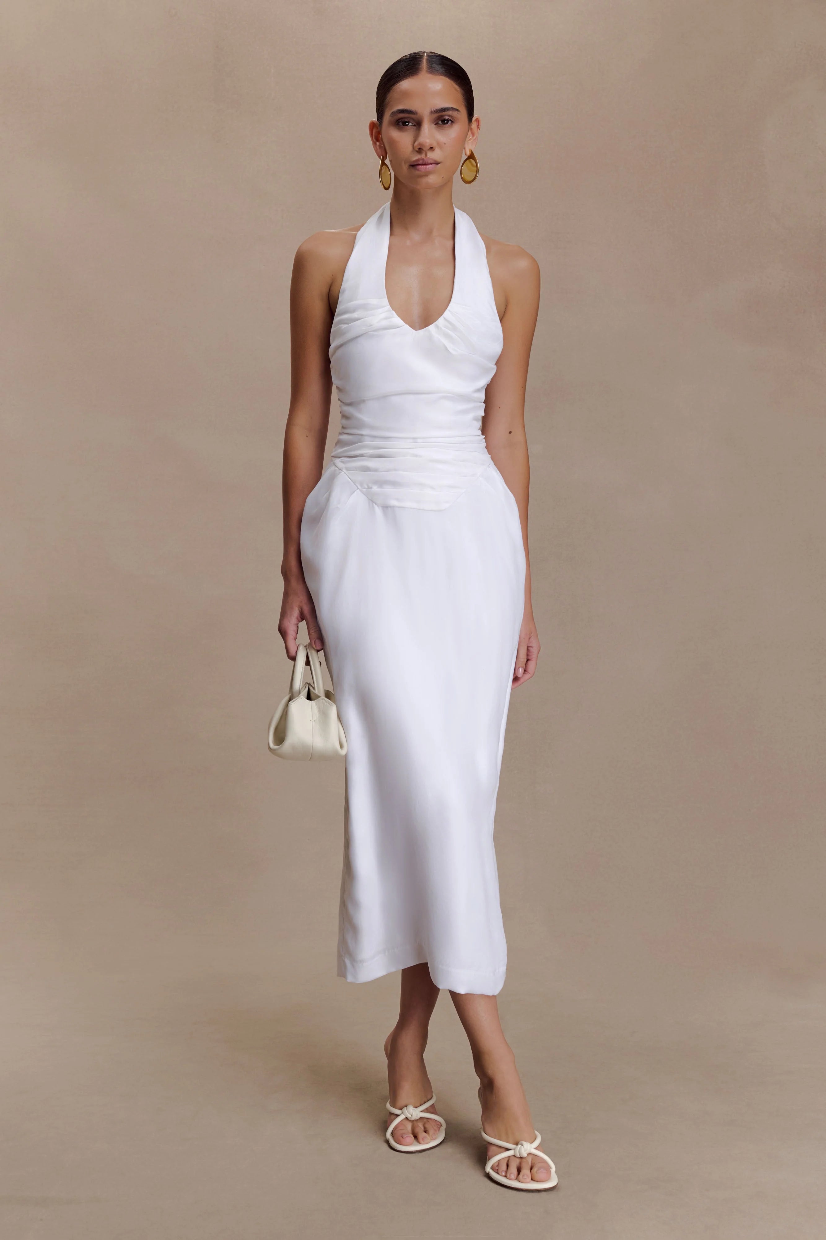 Daniela Ruched Halter Midi Dress White