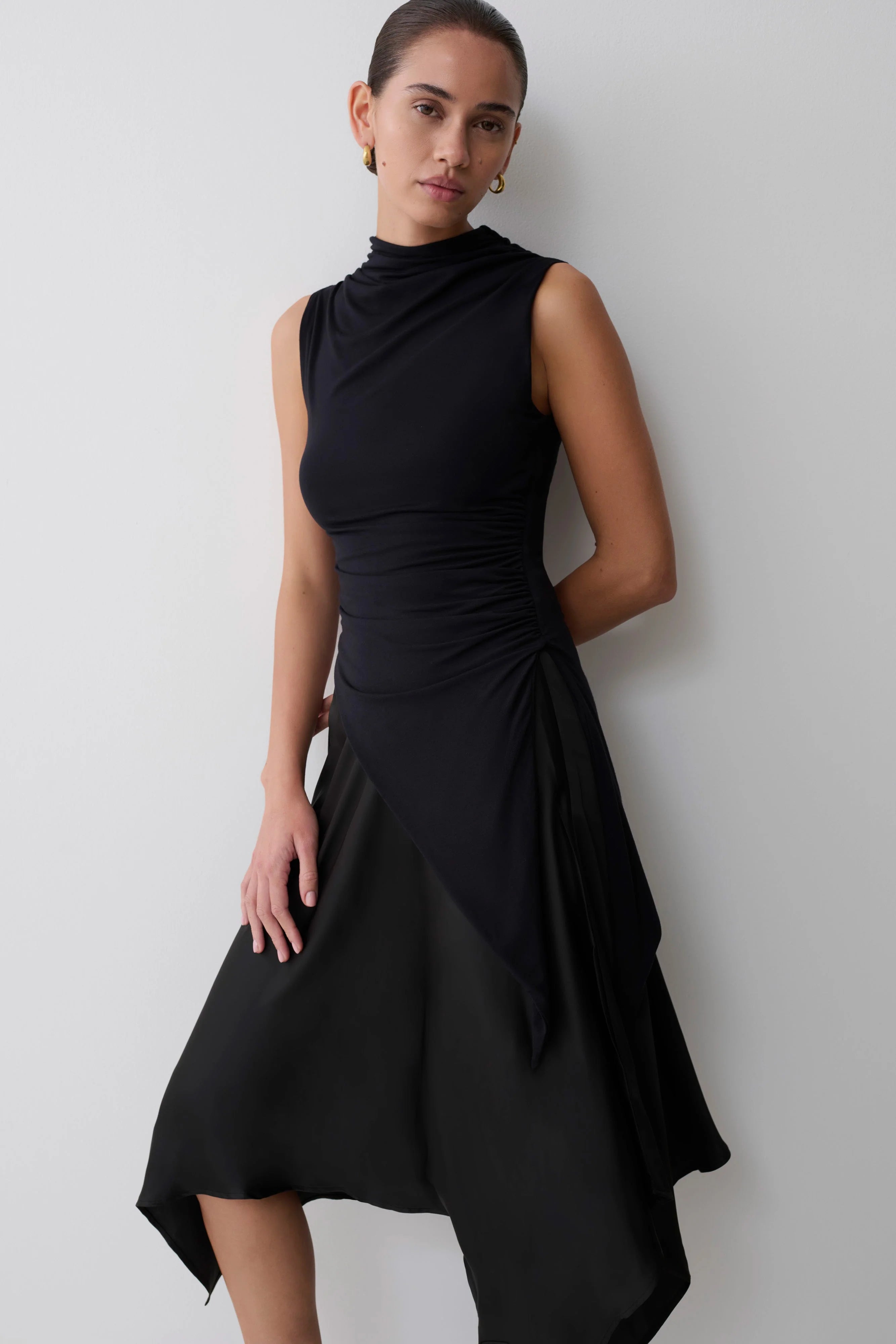 Coralie Asymmetric Satin Midi Skirt Black