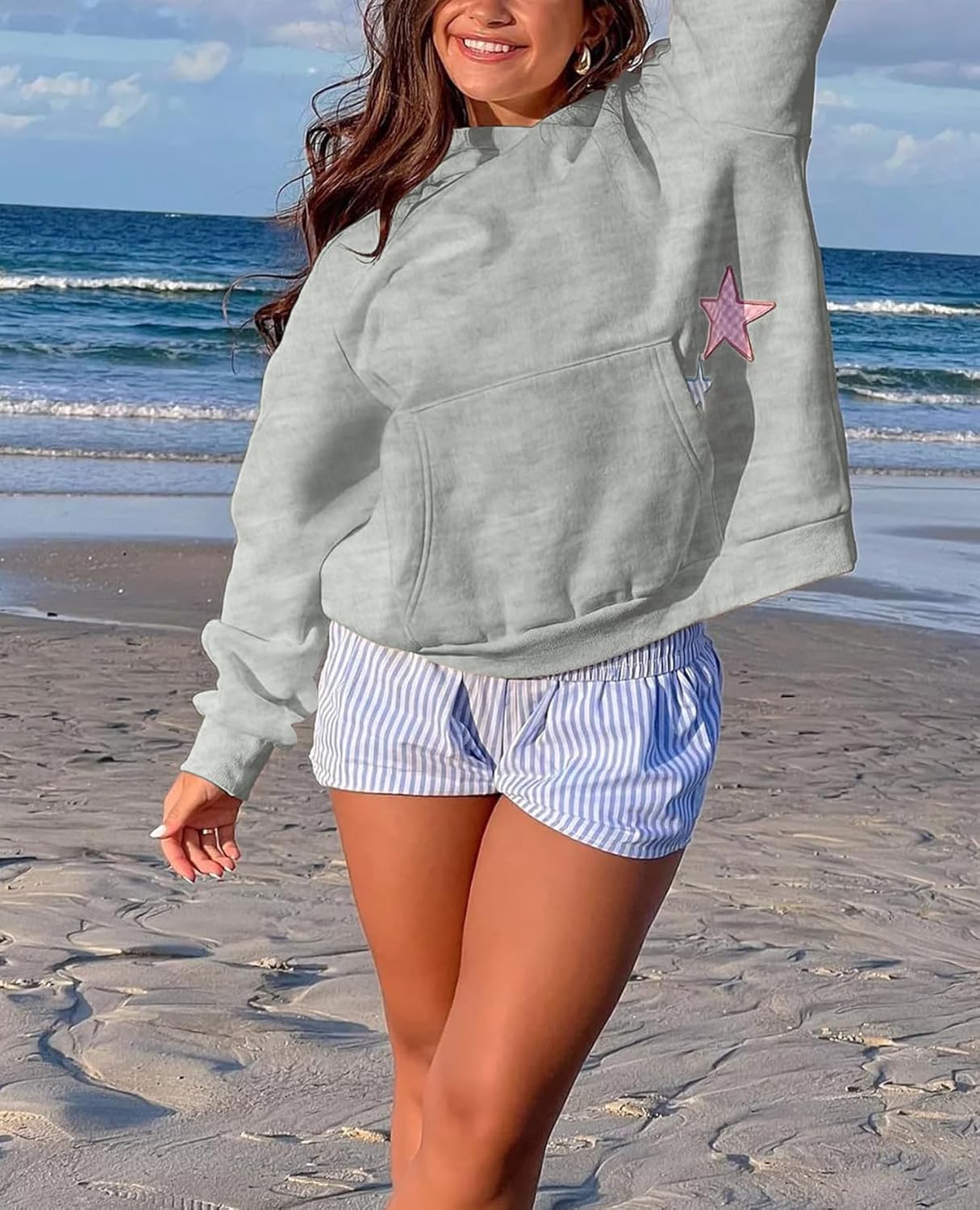 Women Cute Hoodies Oversized Y2k Star Patch Fleece Sweatshirt Pastel Hoodie for Teen Girls