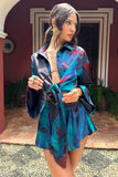 Marisela Blue Print Satin Flared Sleeve Cropped Shirt