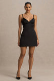 Elara Black Satin Plunge Neck Mini Dress
