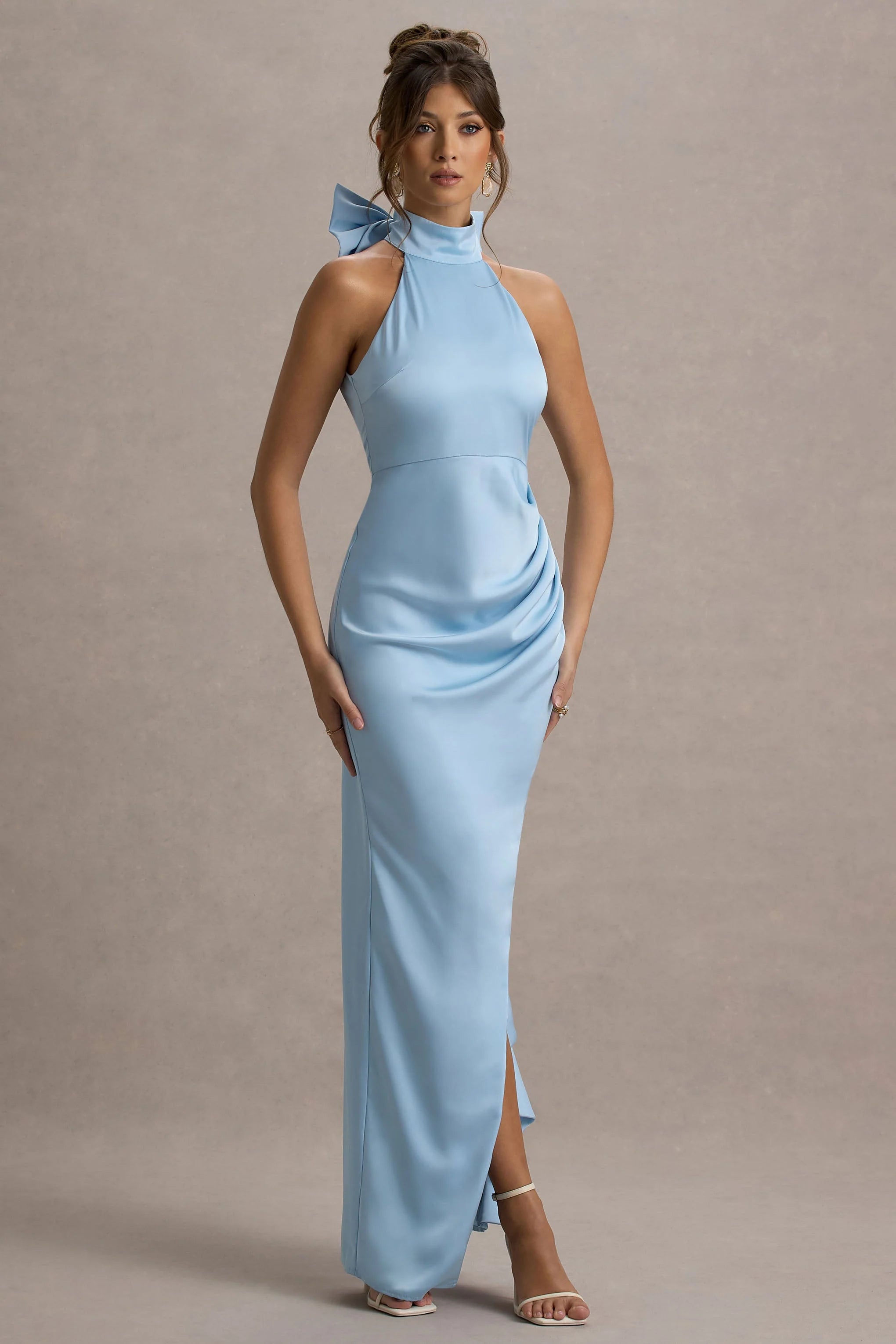 Maureen Powder Blue Satin High Neck Draped Maxi Dress