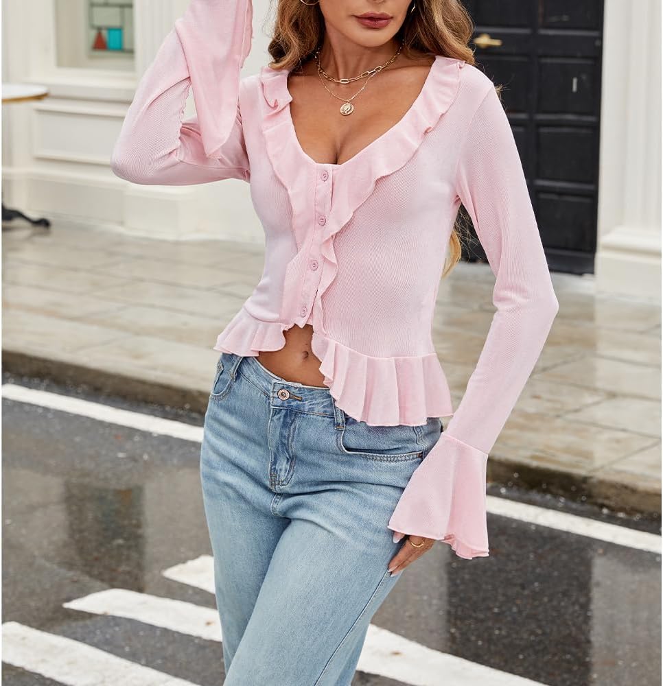 Women Going Out Tops Ruffle Trim Button Front V Neck Flared Sleeve Shirt Y2k Crop Top