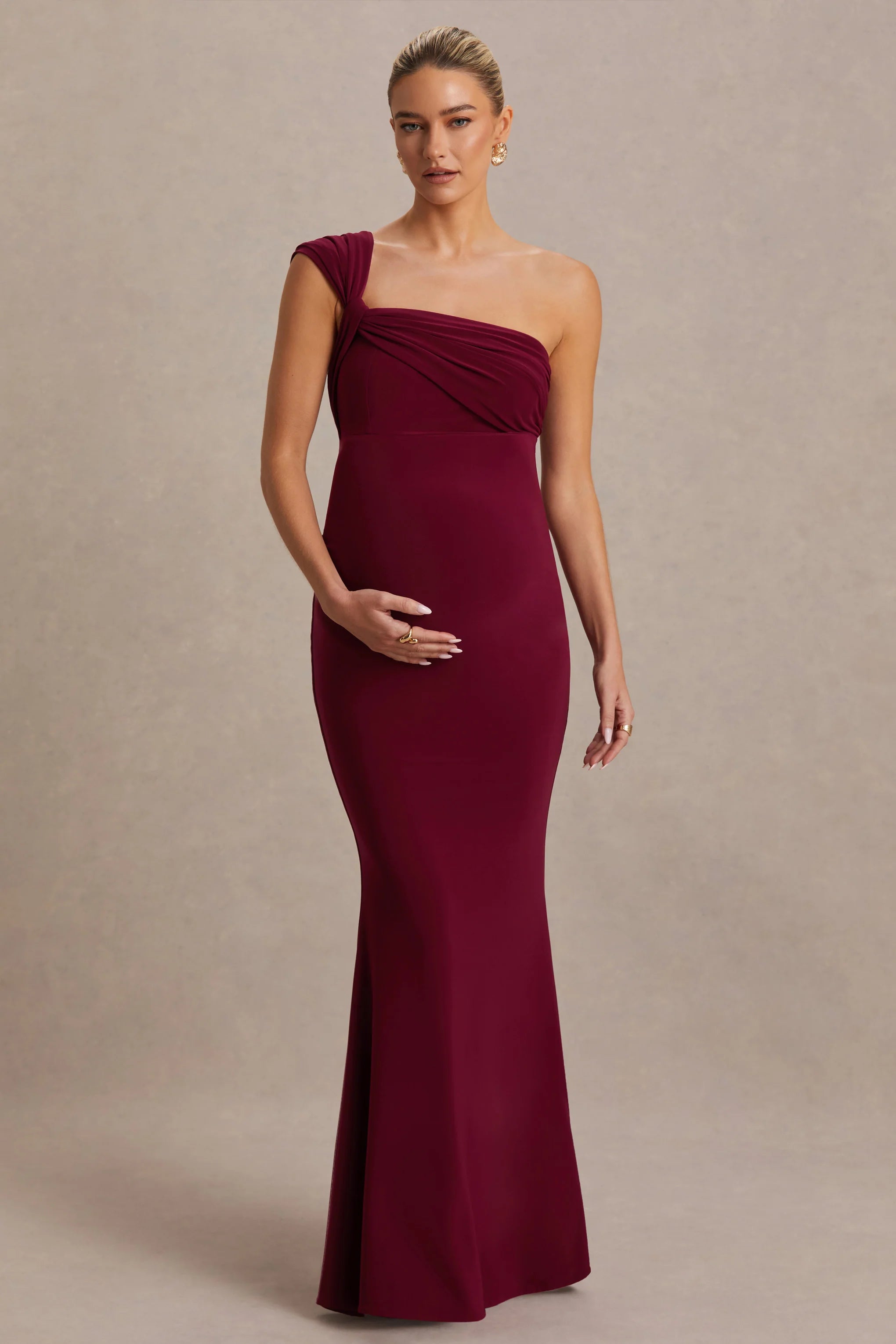 Mila Burgundy Asymmetric Neck Maternity Maxi Dress