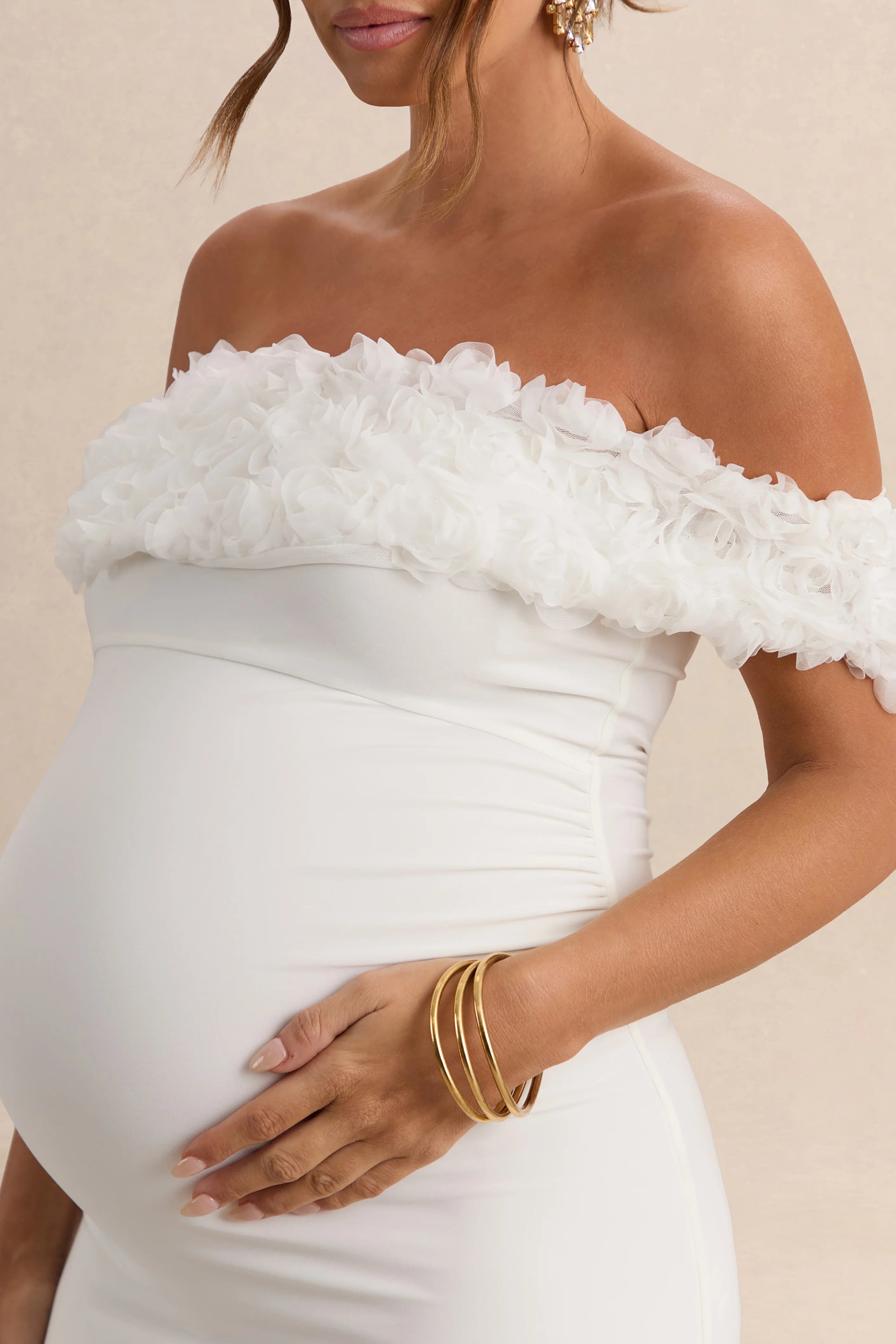 Inflorescence White Mesh Floral Bardot Maternity Maxi Dress