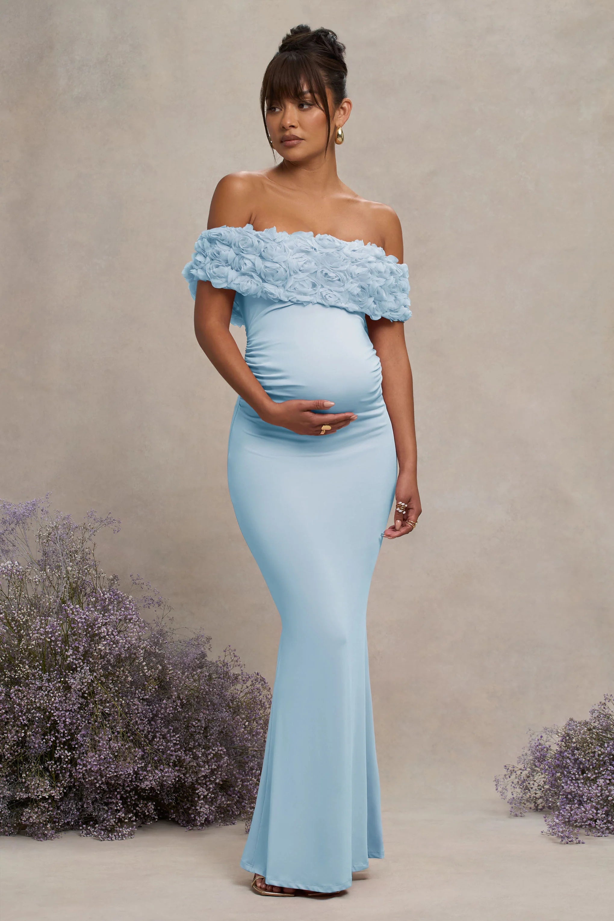Inflorescence Powder Blue Mesh Floral Bardot Maternity Maxi Dress